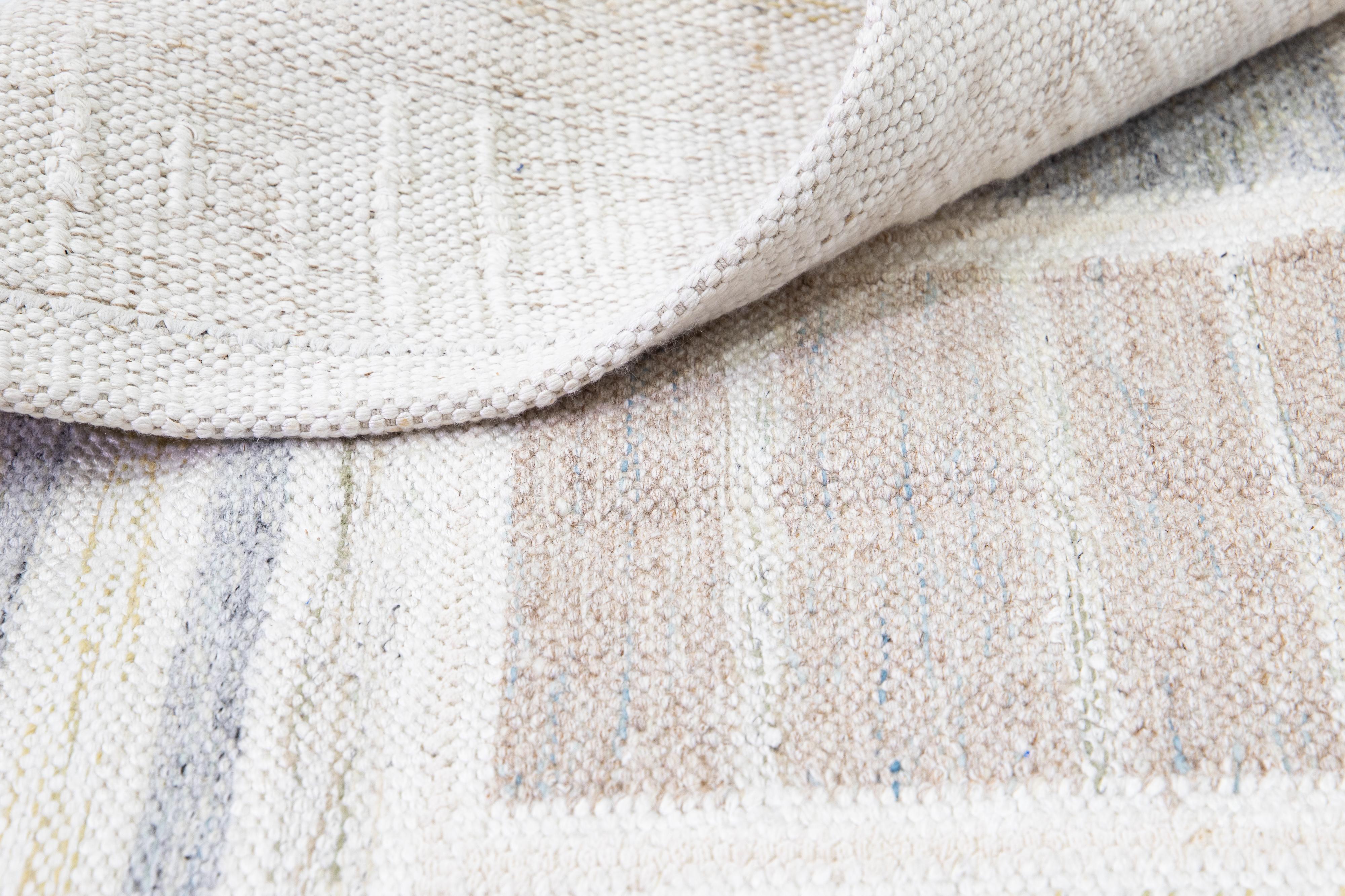 Contemporary Modern Scandinavian Beige Handmade Room Size Wool Rug with Geometric Design For Sale