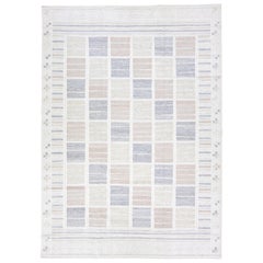 Moderner, moderner, skandinavischer, handgefertigter Wollteppich in Beige in Zimmergröße mit geometrischem Design