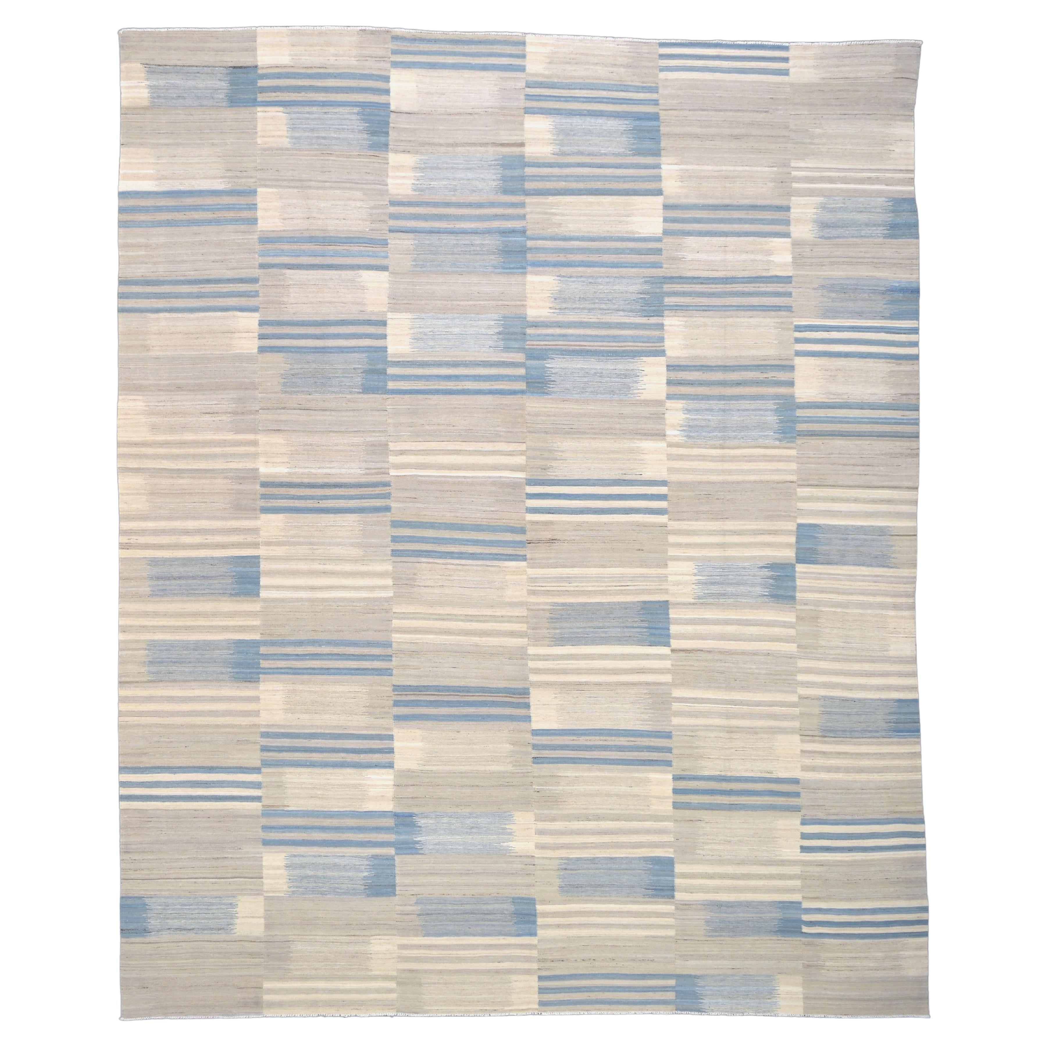 Modern Scandinavian Blue and Beige  Wool Kilim 11'10''x14'5''