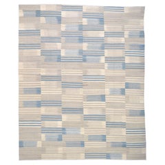 Modern Scandinavian Blue and Beige  Wool Kilim 11'10''x14'5''