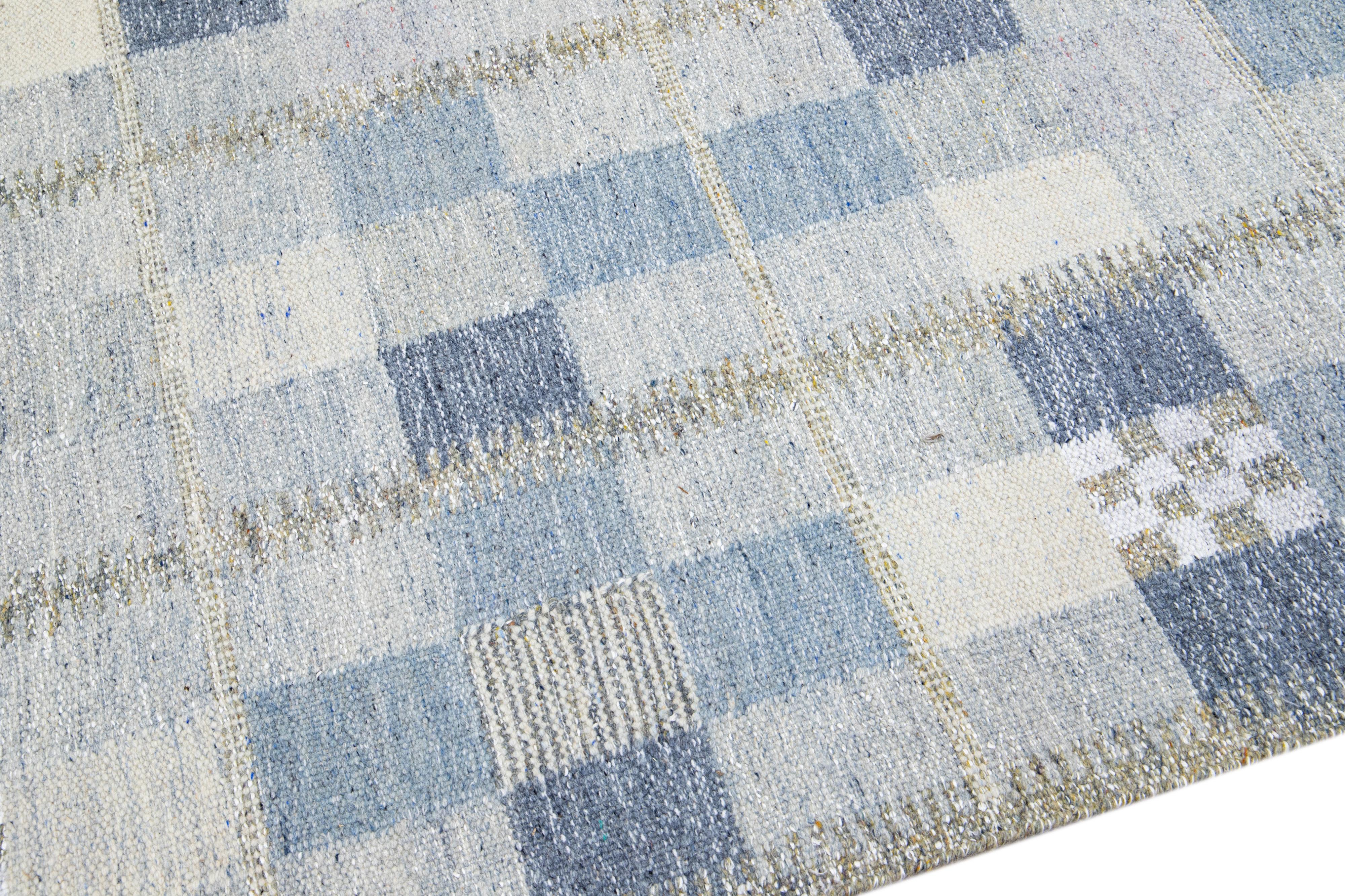 Hand-Knotted Modern Scandinavian Blue and Gray Handmade Geometric Room SizeWool Rug For Sale