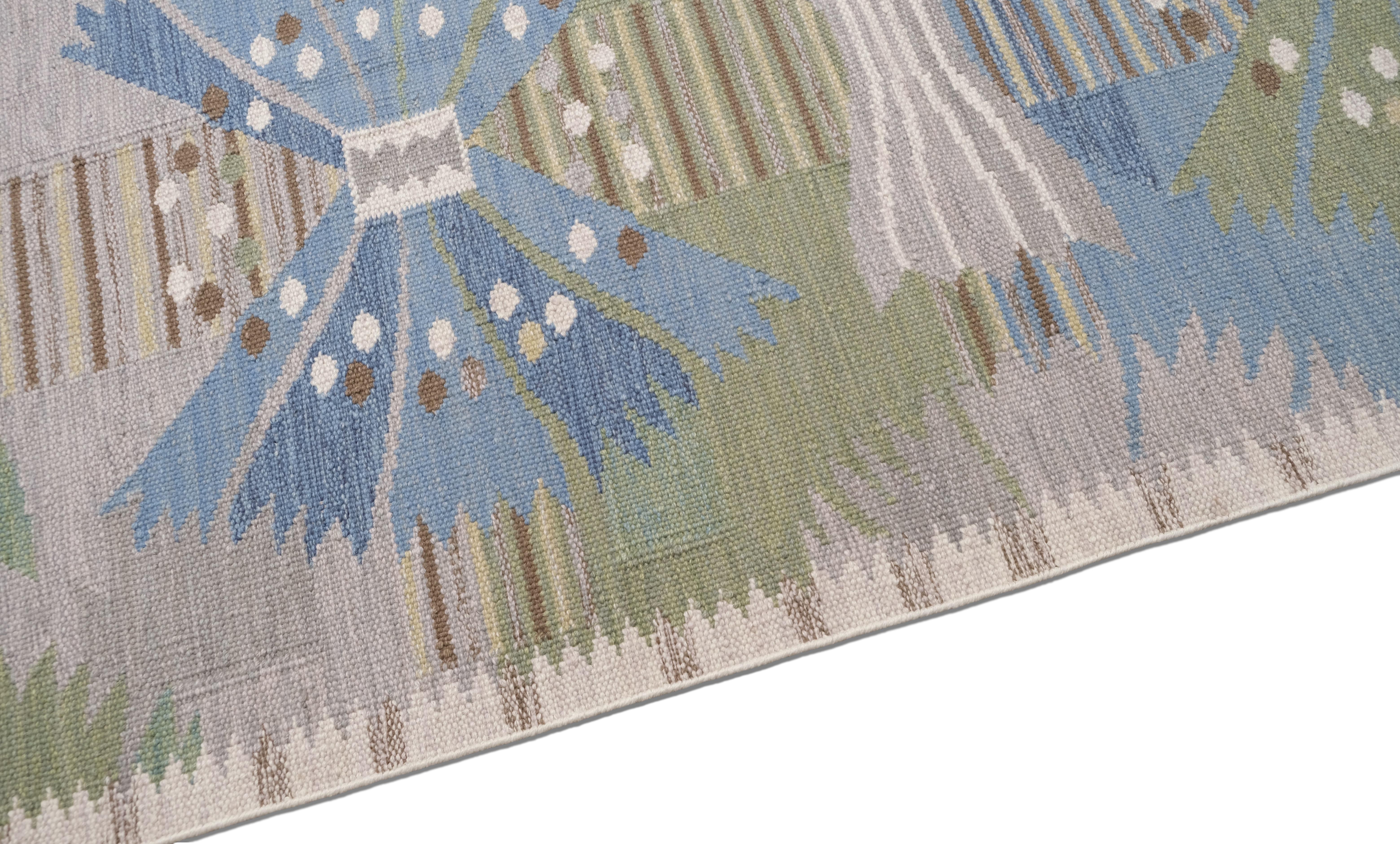 Modern Scandinavian Blau und Grün Geometrisch Gemusterter Wollteppich 15'x20'3'' im Angebot 2