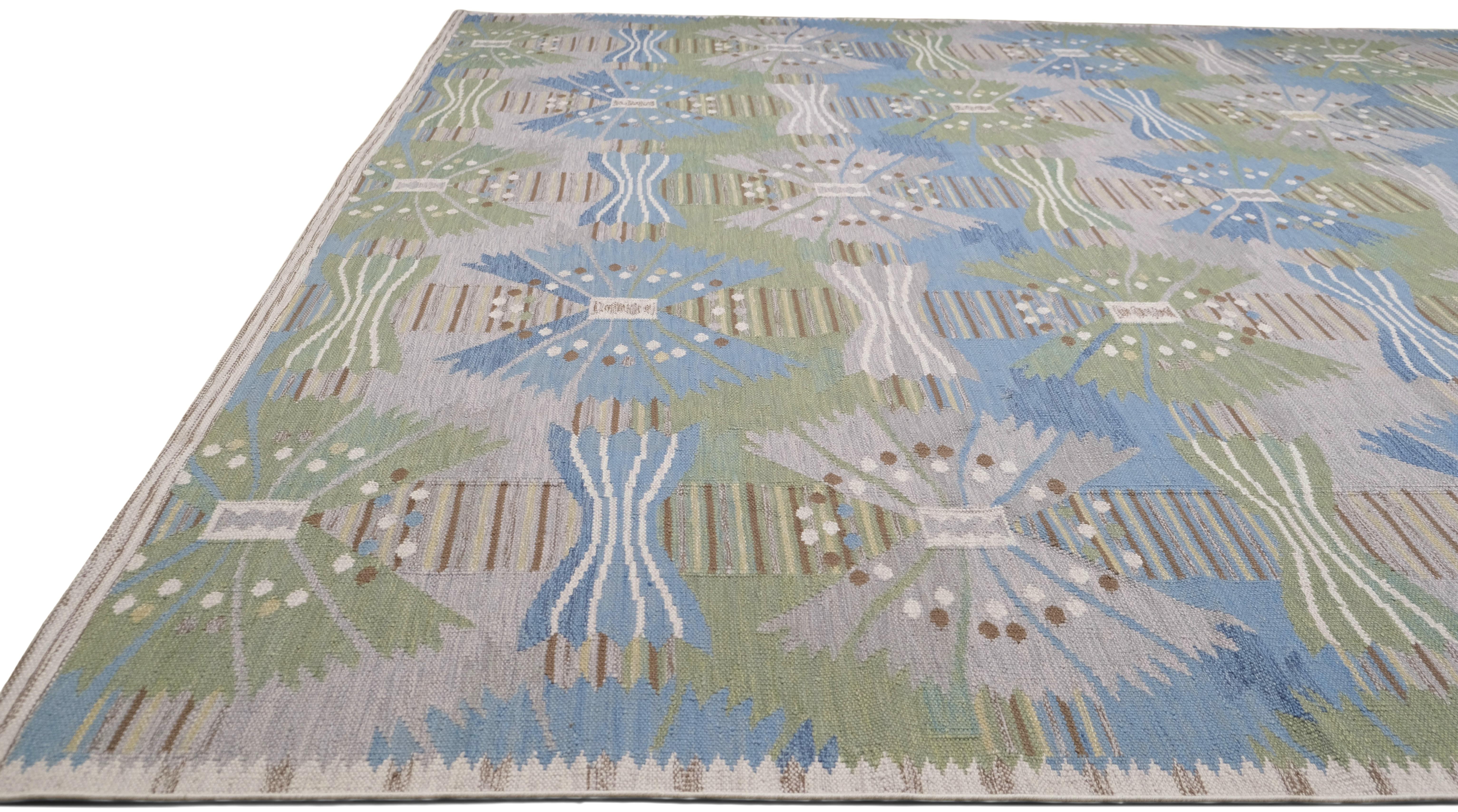 Modern Scandinavian Blau und Grün Geometrisch Gemusterter Wollteppich 15'x20'3'' (Asiatisch) im Angebot