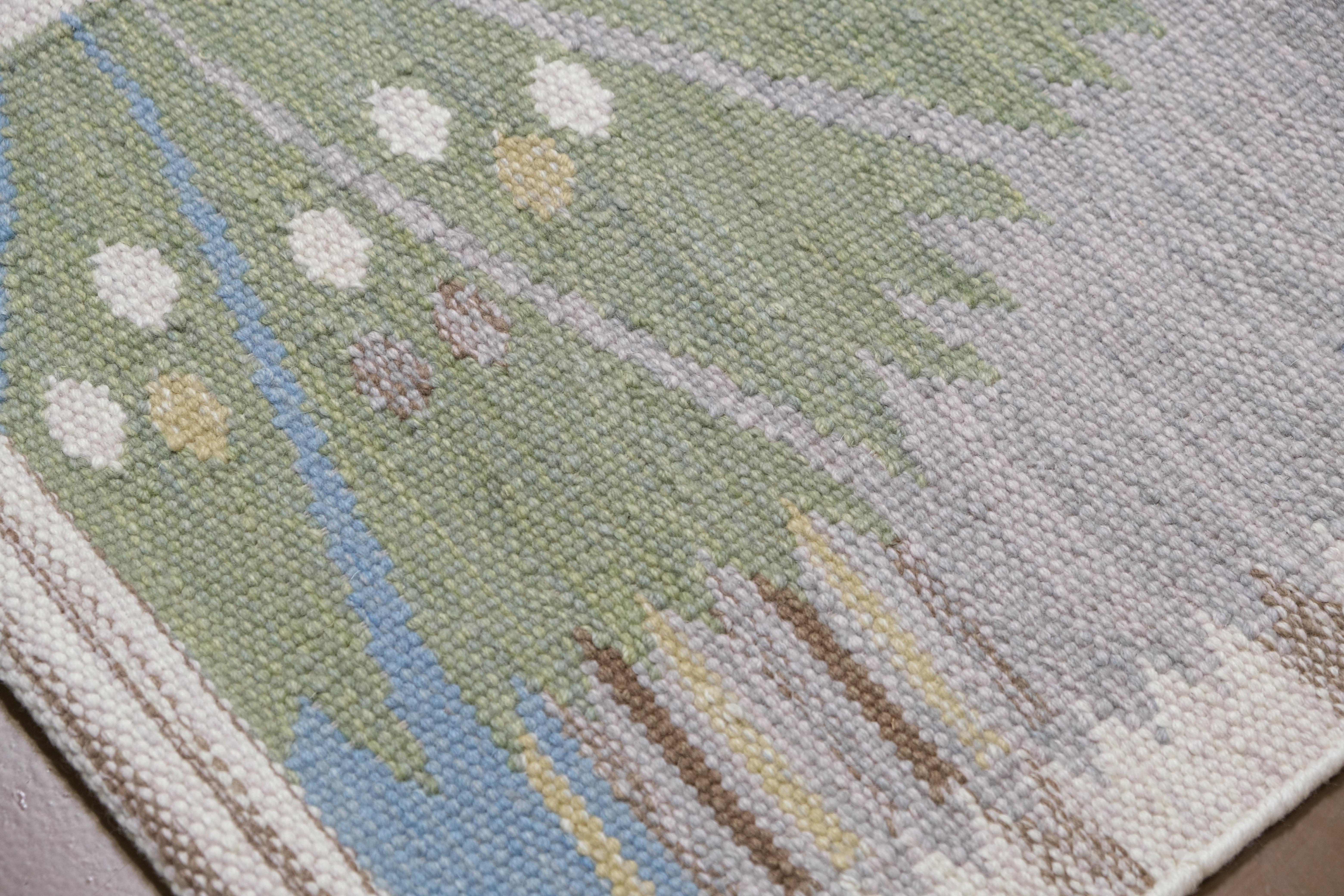 Modern Scandinavian Blau und Grün Geometrisch Gemusterter Wollteppich 15'x20'3'' (Handgeknüpft) im Angebot