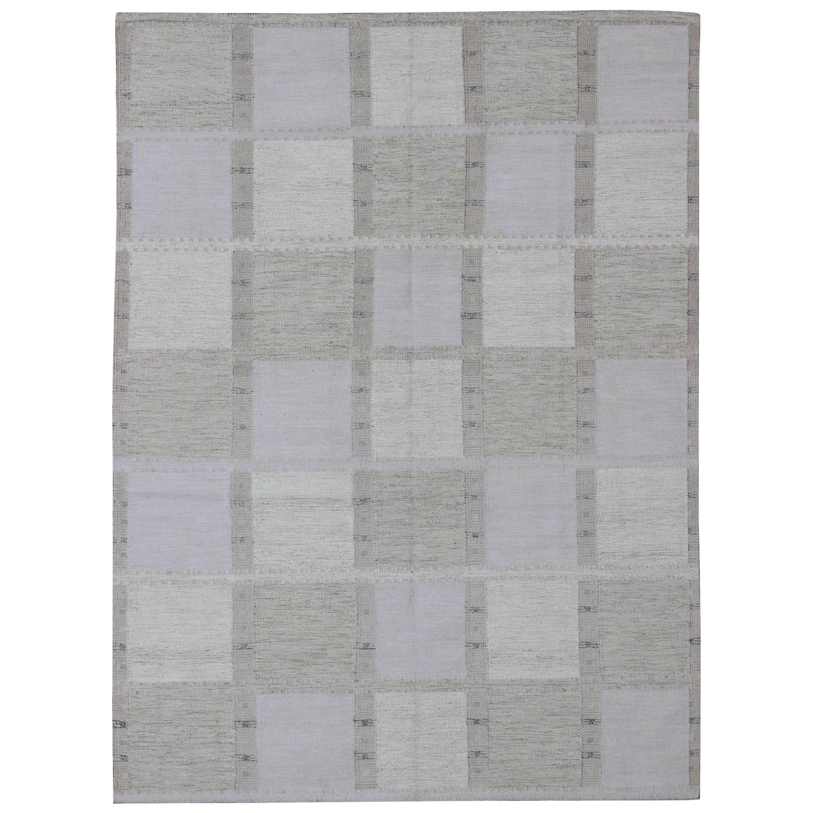 Modern Scandinavian Flat-Weave Rug Design with Checkerboard Design in Gray Tones