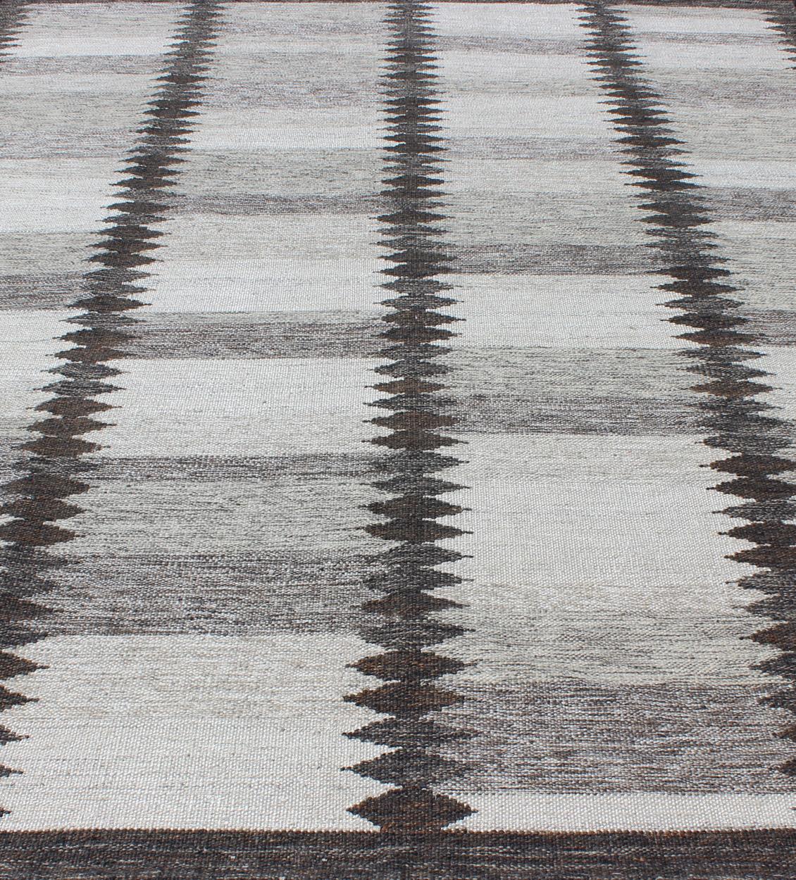 Modern Scandinavian Flat-Weave Rug with Geometric Stripe Design in Gray Tones 2