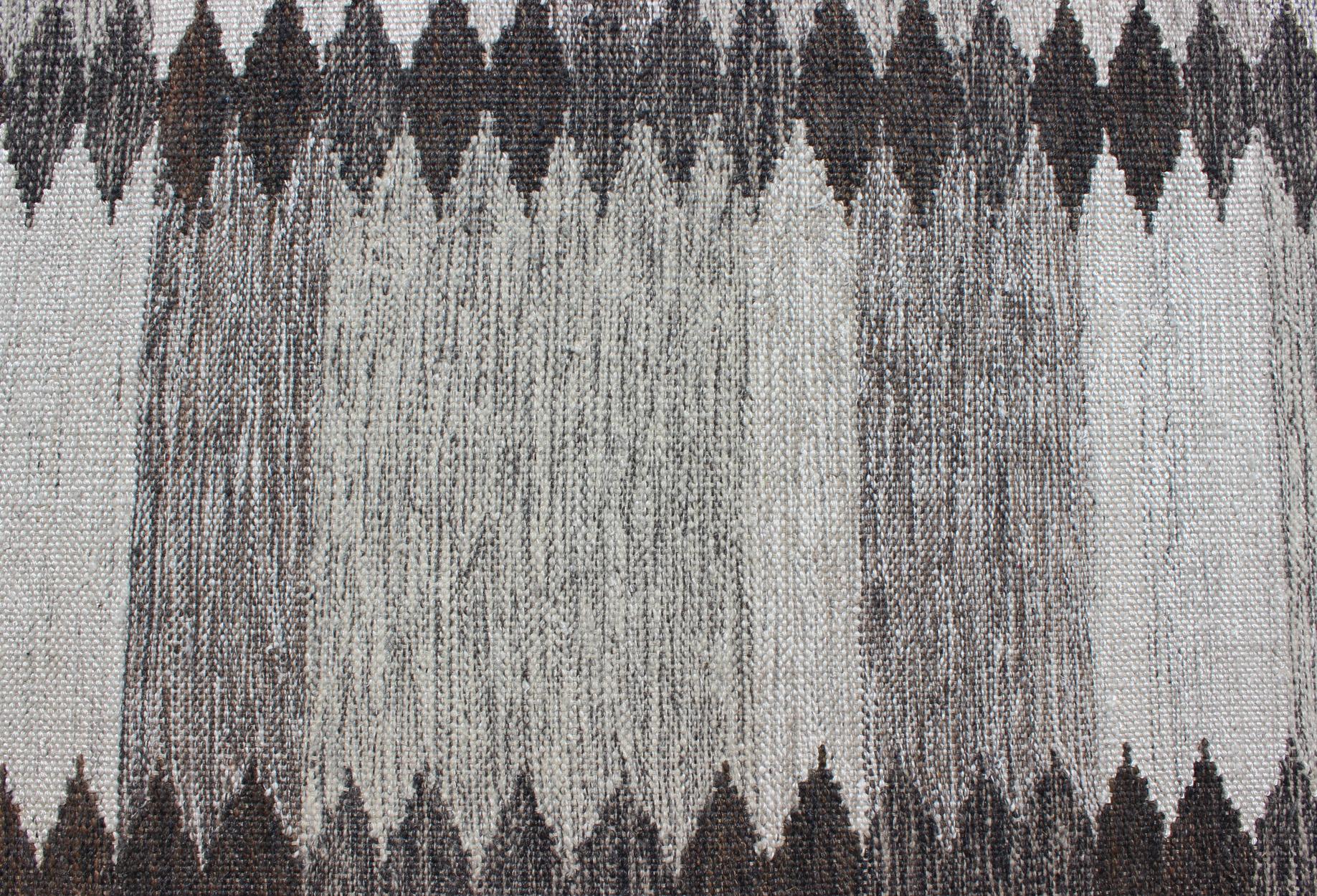 Wool Modern Scandinavian Flat-Weave Rug with Geometric Stripe Design in Gray Tones