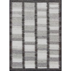 Modern Scandinavian Flat-Weave Rug with Geometric Stripe Design in Gray Tones