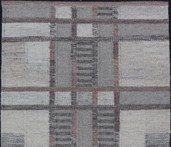 Modern Scandinavian Flat Weave Rug with Grid Pattern in Gray