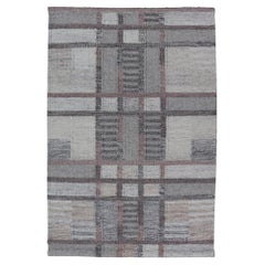 Modern Scandinavian Flat Weave Rug with Grid Pattern in Gray