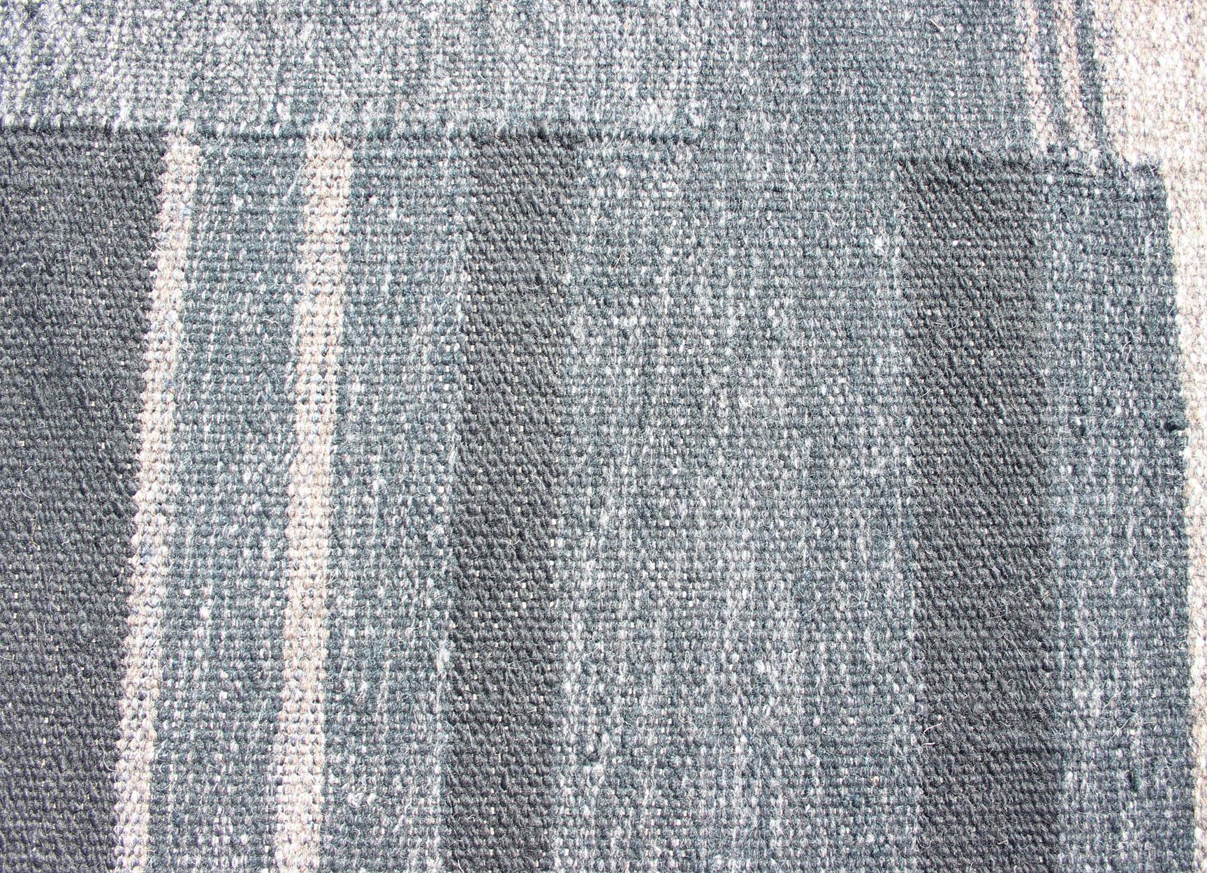 Modern Scandinavian Flat-Weave Rug with Striped Panel Design in Gray, Steel Blue For Sale 1
