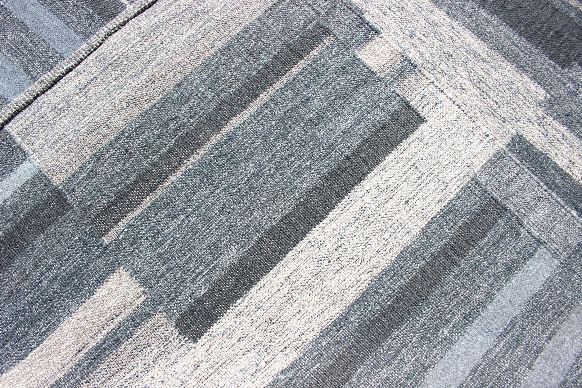 Modern Scandinavian Flat-Weave Rug with Striped Panel Design in Gray, Steel Blue For Sale 5