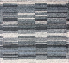 Modern Scandinavian Flat-Weave Rug with Striped Panel Design in Gray, Steel Blue