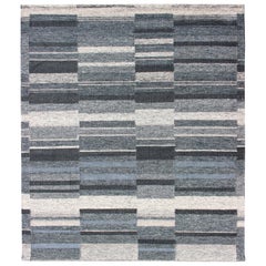 Modern Scandinavian Flat-Weave Rug with Striped Panel Design in Gray, Steel Blue
