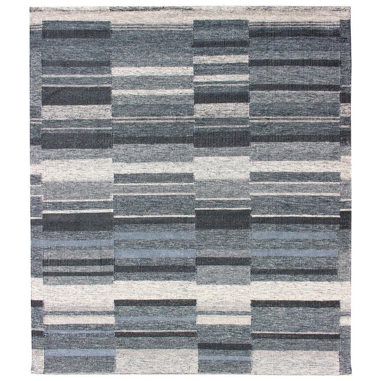 Modern Scandinavian FlatWeave Rug with Striped Panel Design in Gray
