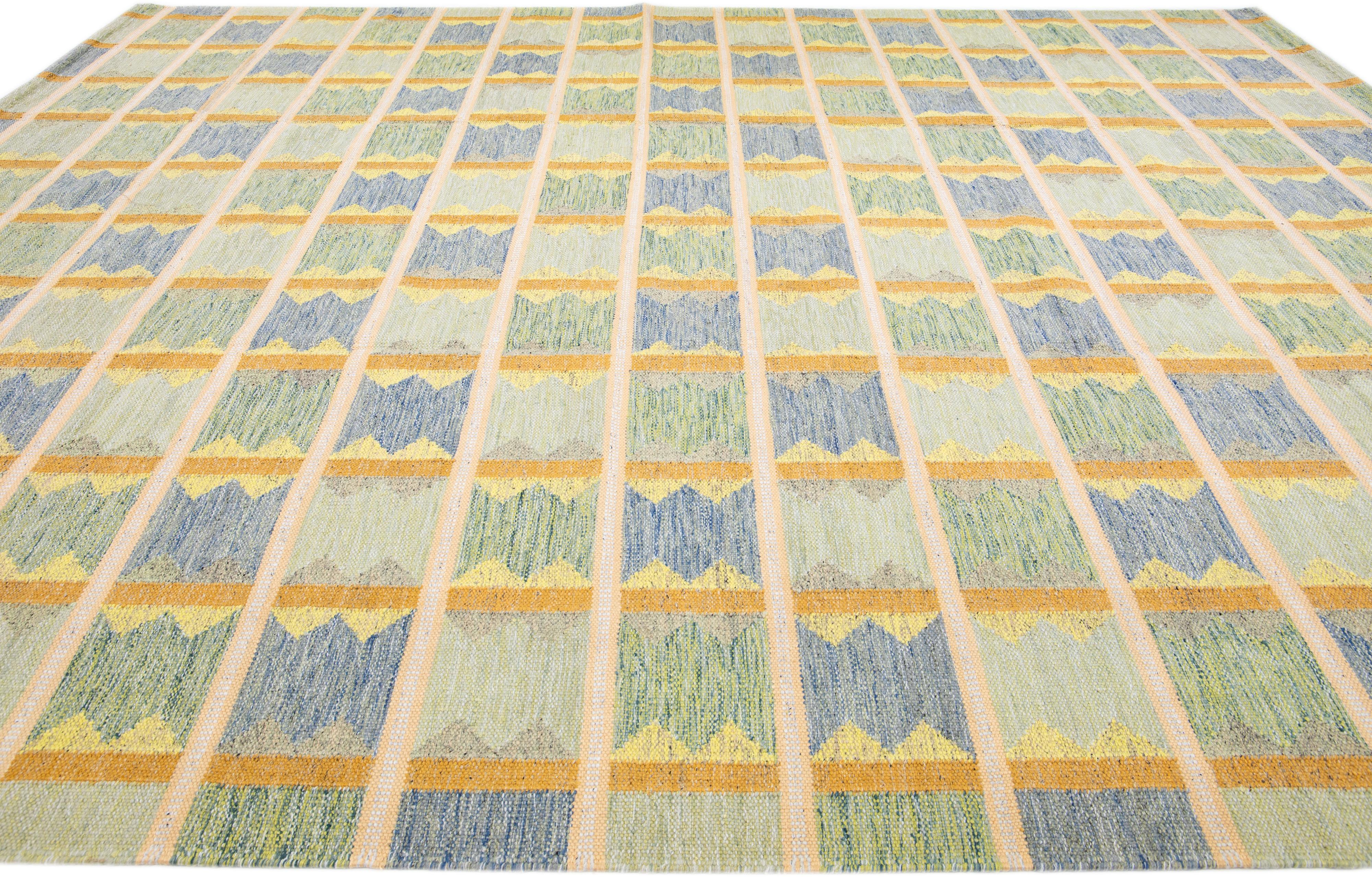 Hand-Knotted Modern Scandinavian Green Handmade Oversize Wool Rug with Geometric Pattern For Sale