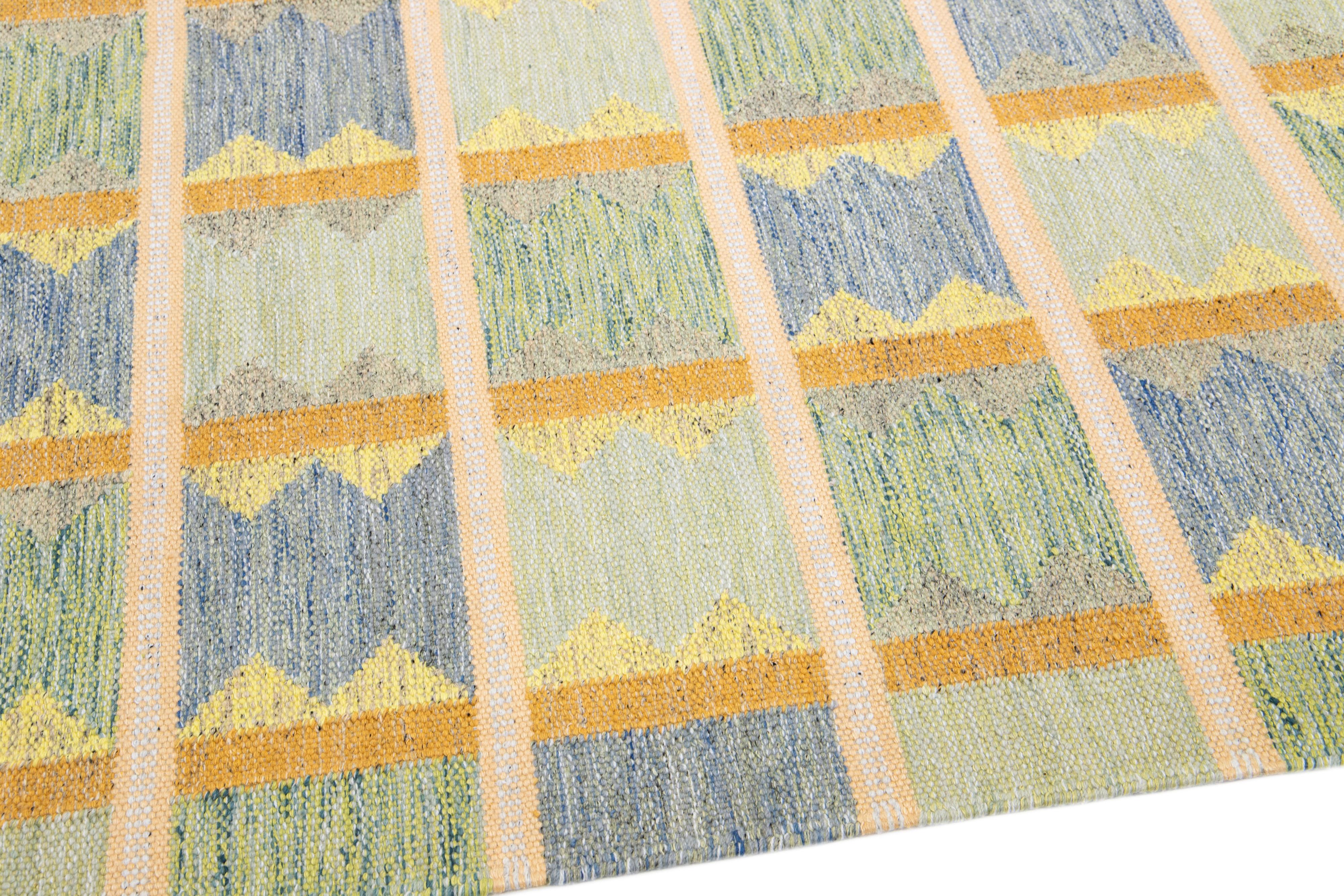 Contemporary Modern Scandinavian Green Handmade Oversize Wool Rug with Geometric Pattern For Sale