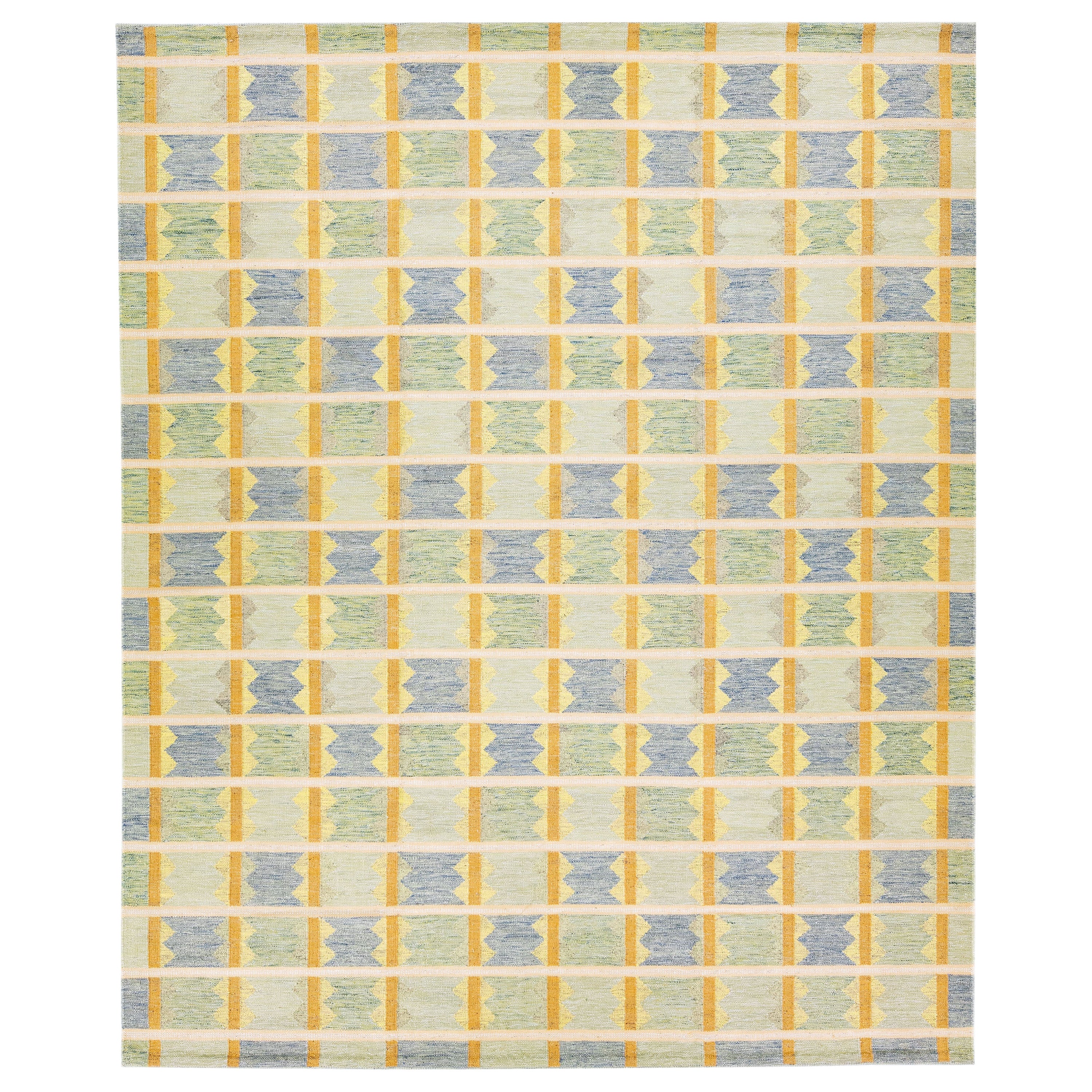 Modern Scandinavian Green Handmade Oversize Wool Rug with Geometric Pattern