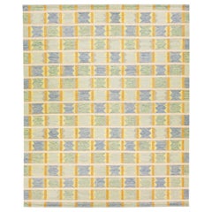 Modern Scandinavian Green Handmade Oversize Wool Rug with Geometric Pattern