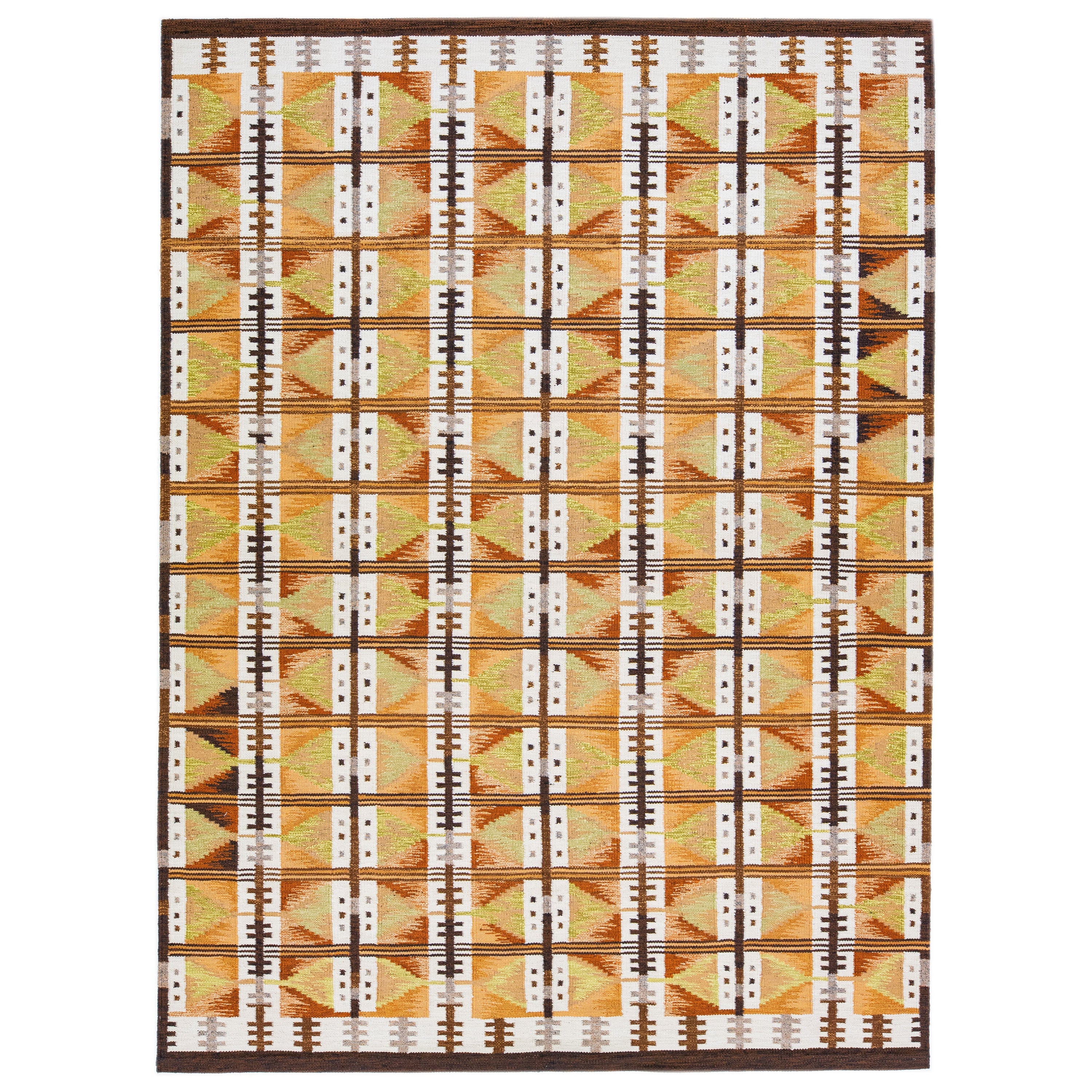 Moderner skandinavischer handgefertigter Wollteppich mit geometrischem Allover-Motiv im Angebot