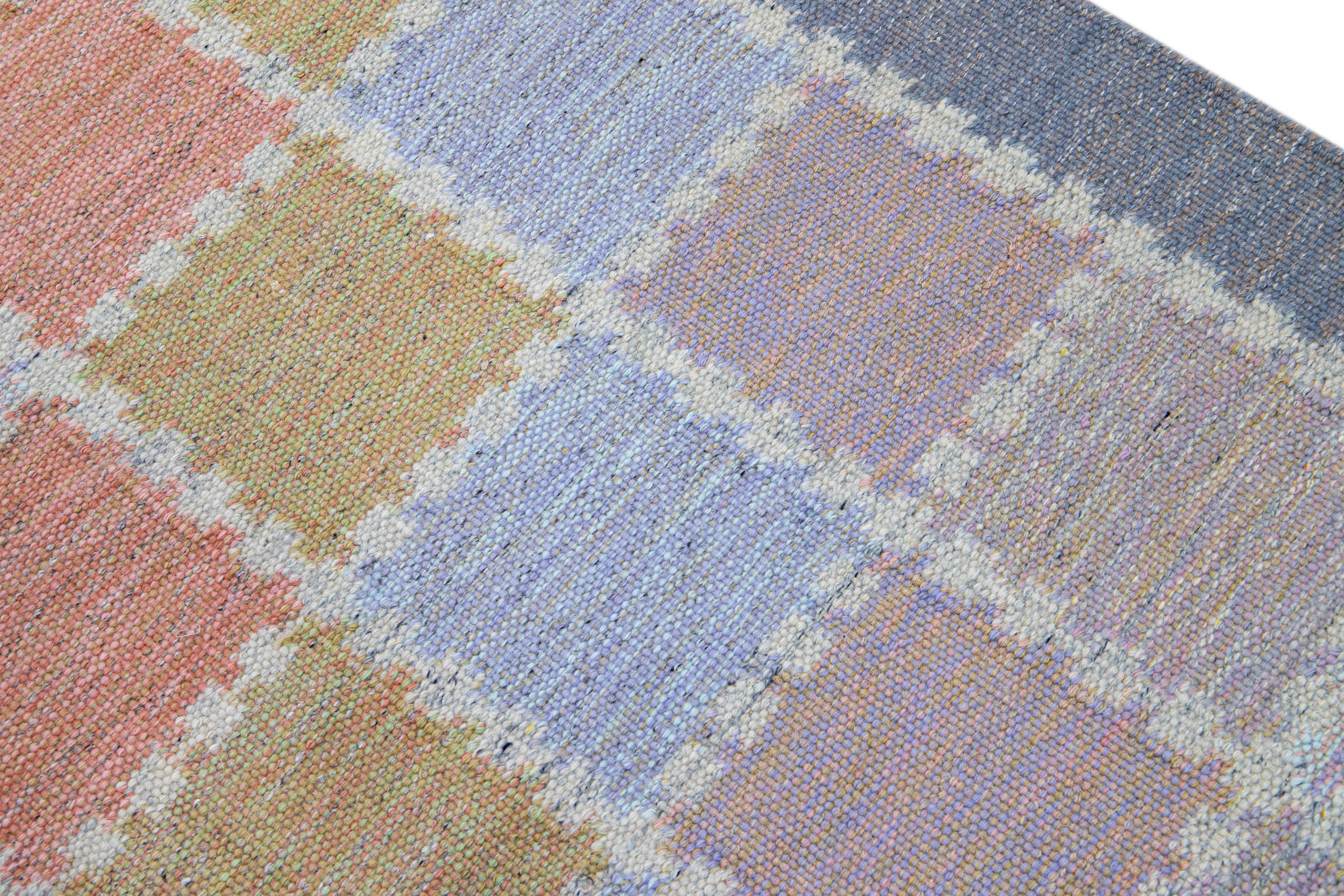 Modern Scandinavian Multicolor Handmade Geometric Room Size Wool Rug For Sale 3