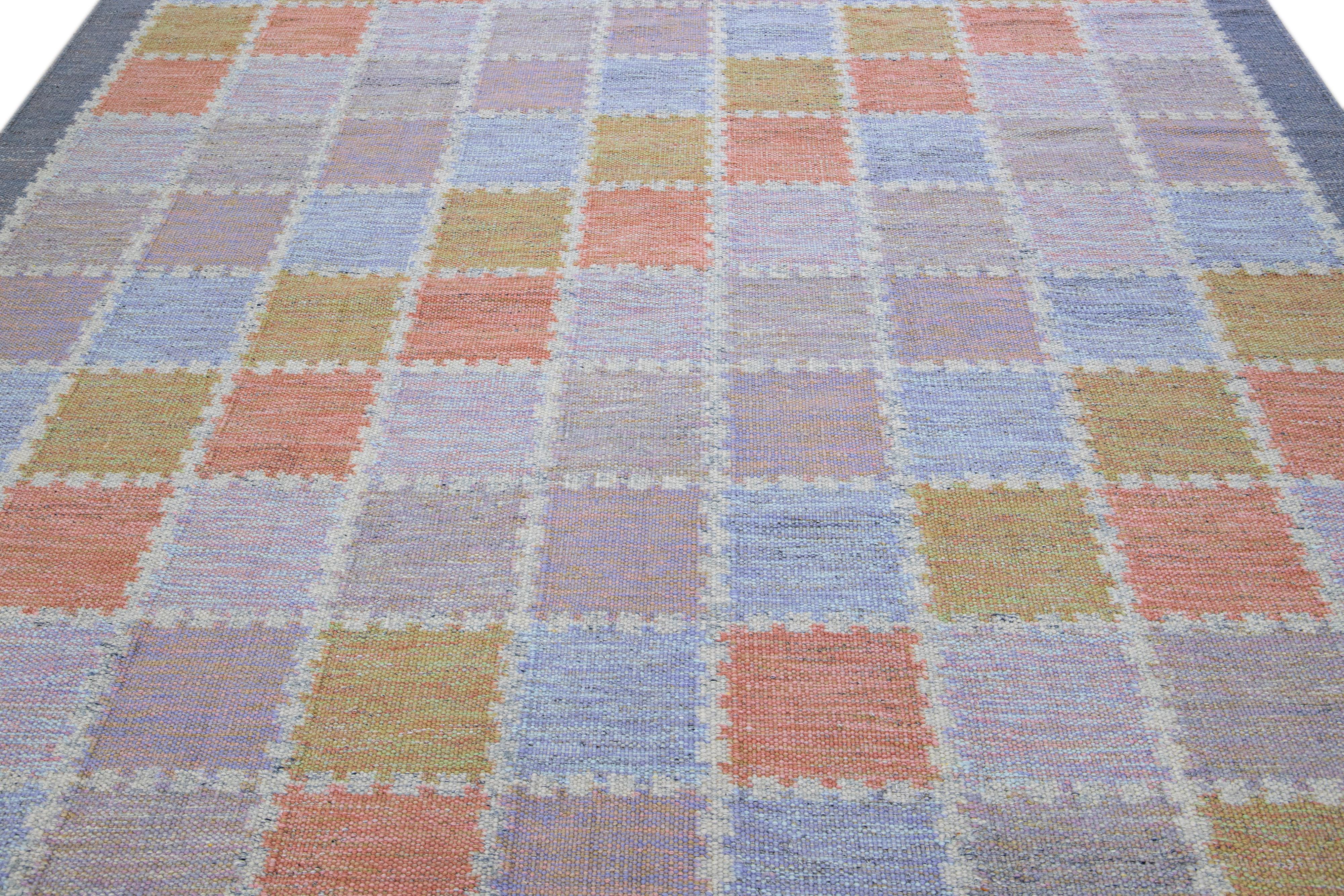Scandinavian Modern Modern Scandinavian Multicolor Handmade Geometric Room Size Wool Rug For Sale