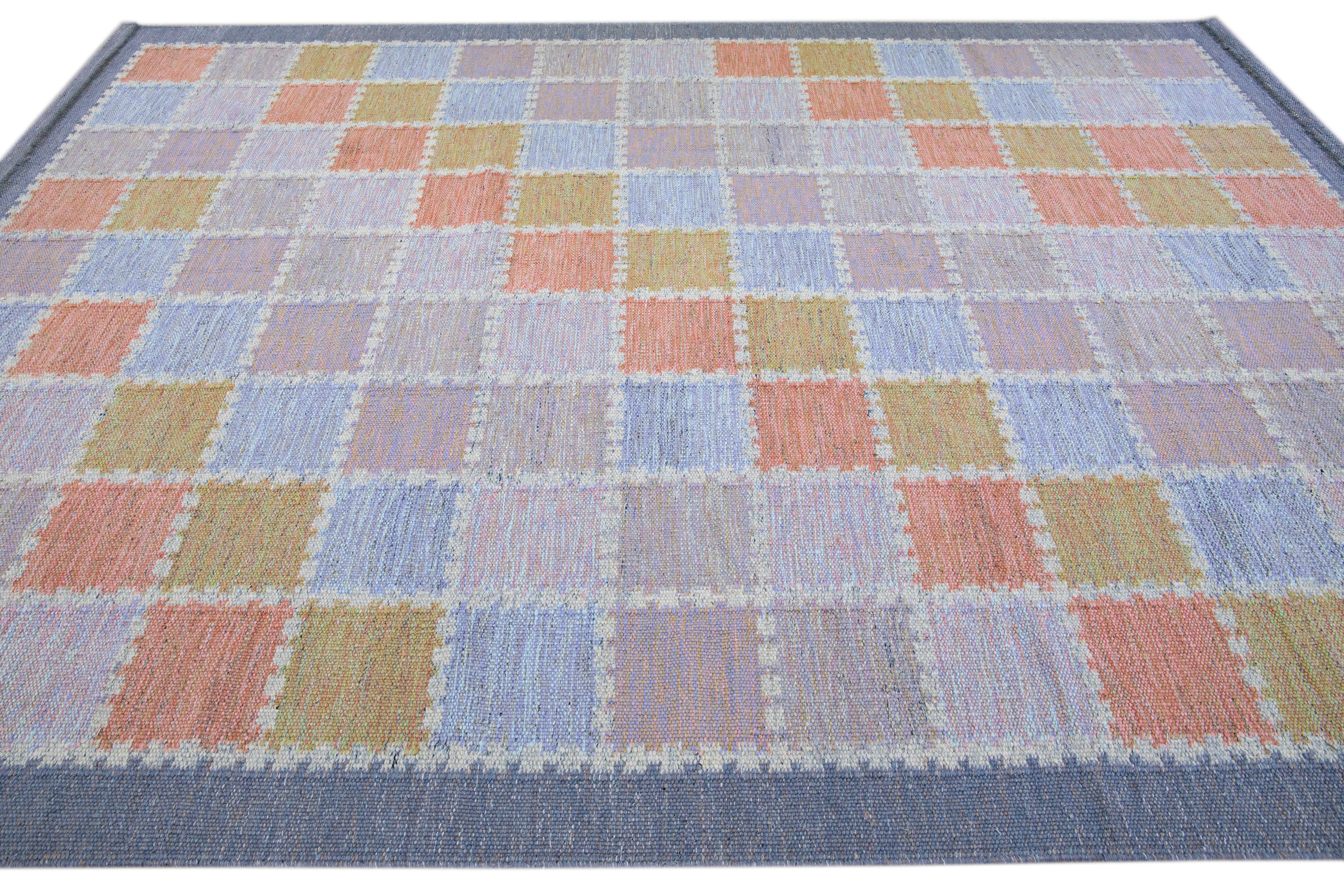 Hand-Knotted Modern Scandinavian Multicolor Handmade Geometric Room Size Wool Rug For Sale