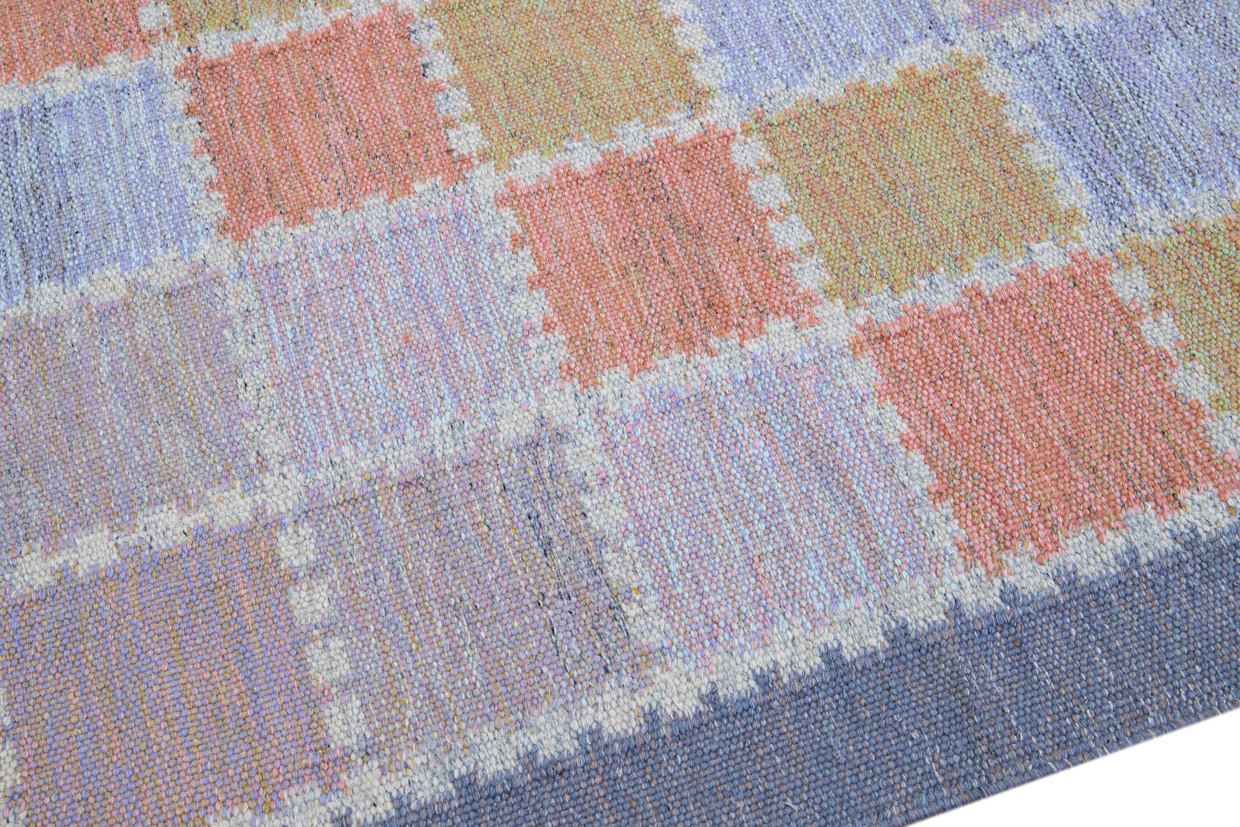 Contemporary Modern Scandinavian Multicolor Handmade Geometric Room Size Wool Rug For Sale