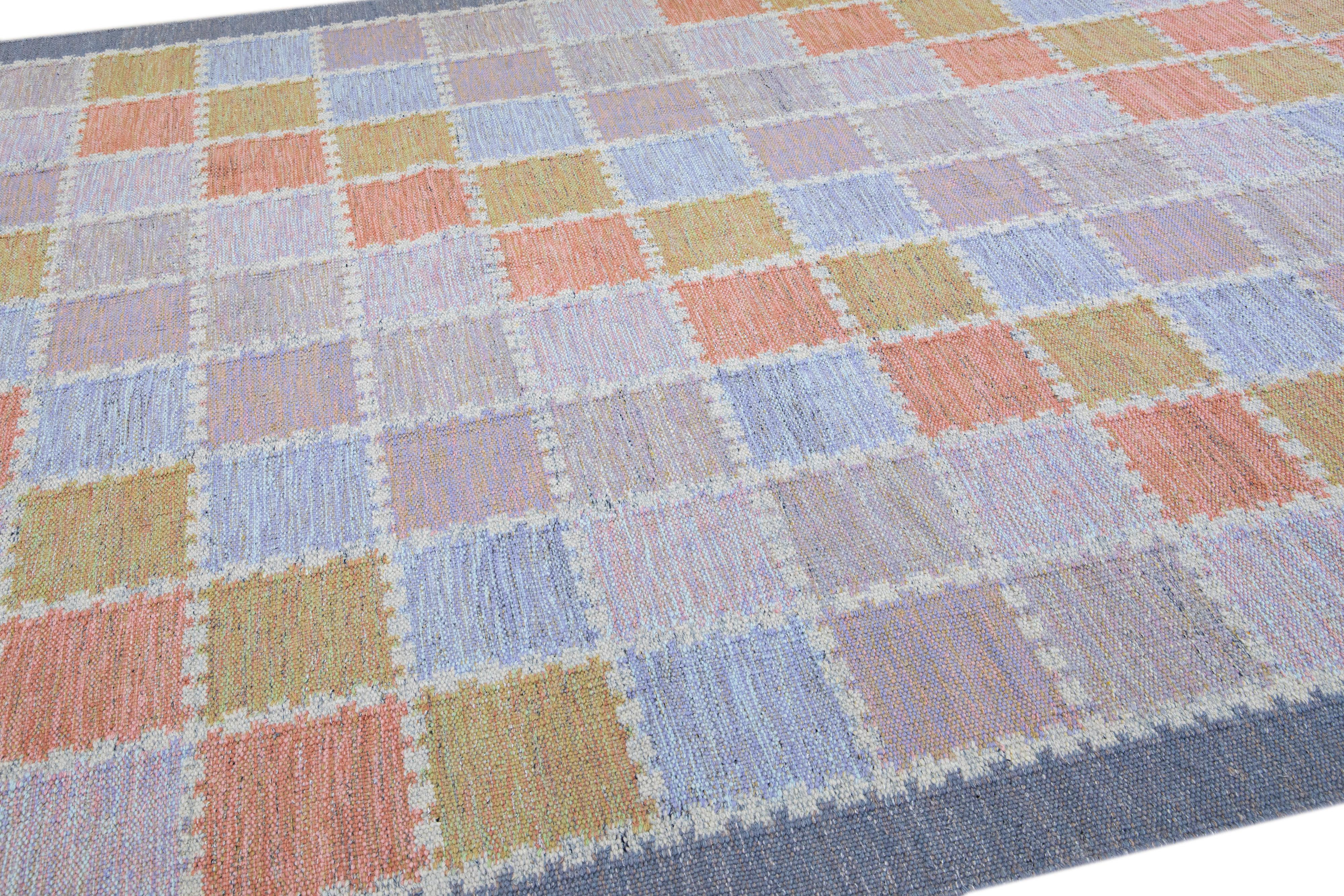 Modern Scandinavian Multicolor Handmade Geometric Room Size Wool Rug For Sale 1