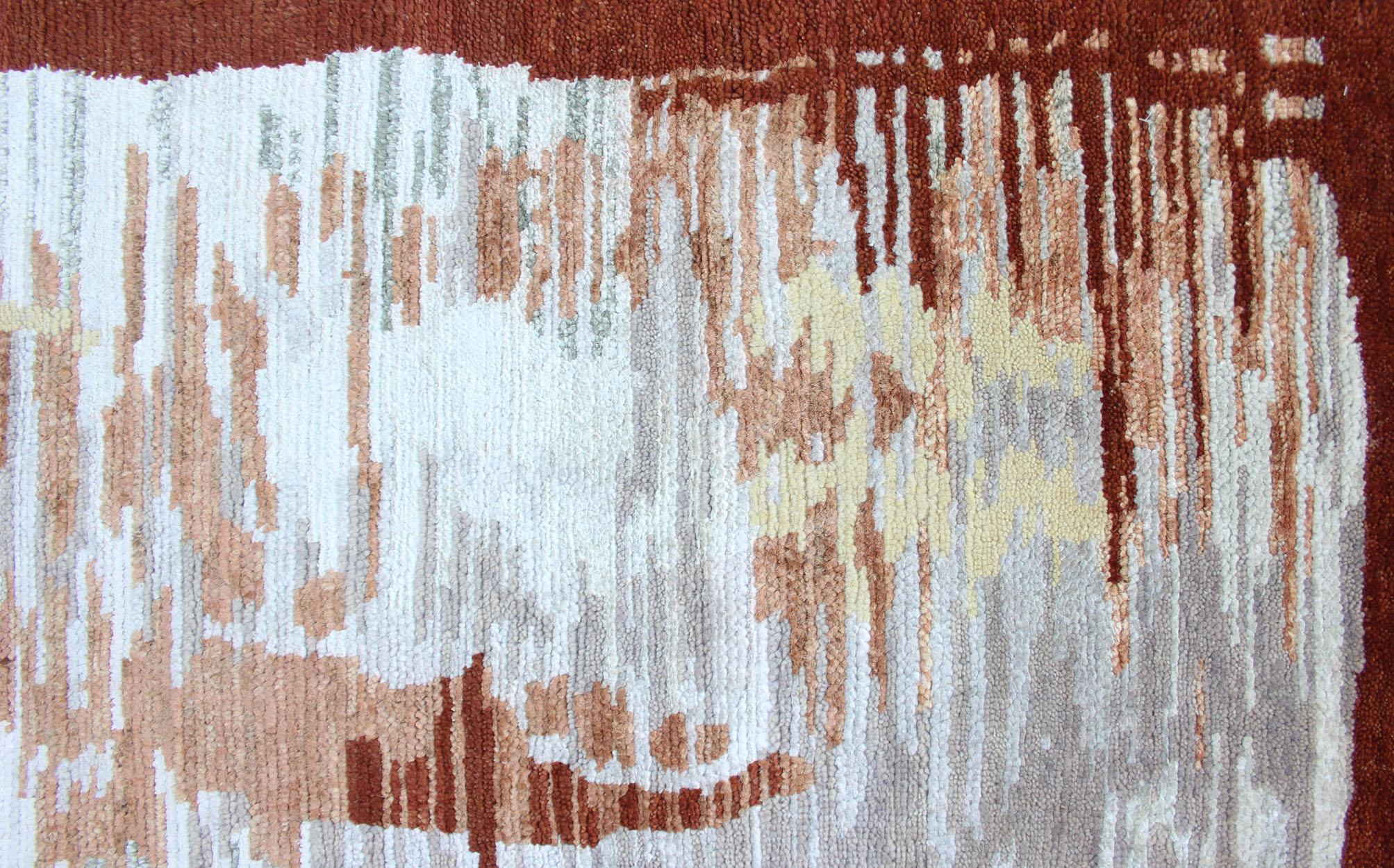 Indien Tapis scandinave moderne à poils avec motif abstrait de coups de pinceau 5'0 x 8'0 en vente