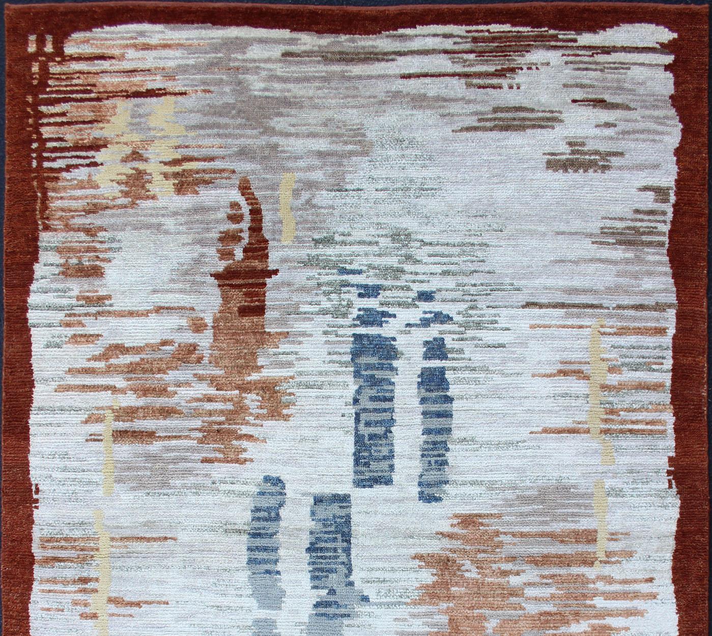 Tapis scandinave moderne à poils avec motif abstrait de coups de pinceau 5'0 x 8'0 Excellent état - En vente à Atlanta, GA