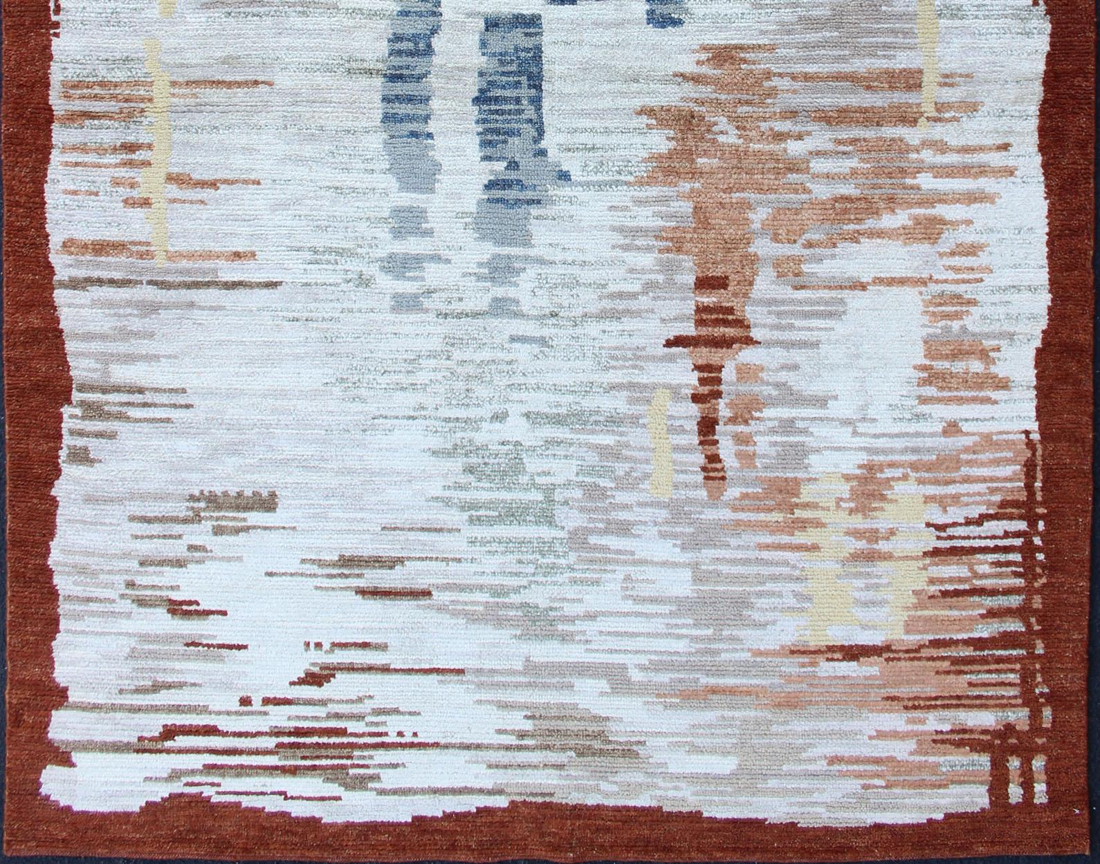 Laine Tapis scandinave moderne à poils avec motif abstrait de coups de pinceau 5'0 x 8'0 en vente