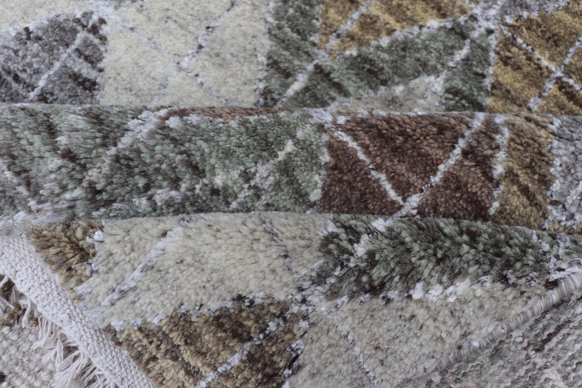 Modern Scandinavian Piled Rug with Diamond Pattern in Green and Brown 4'2 x 5'2 For Sale 2