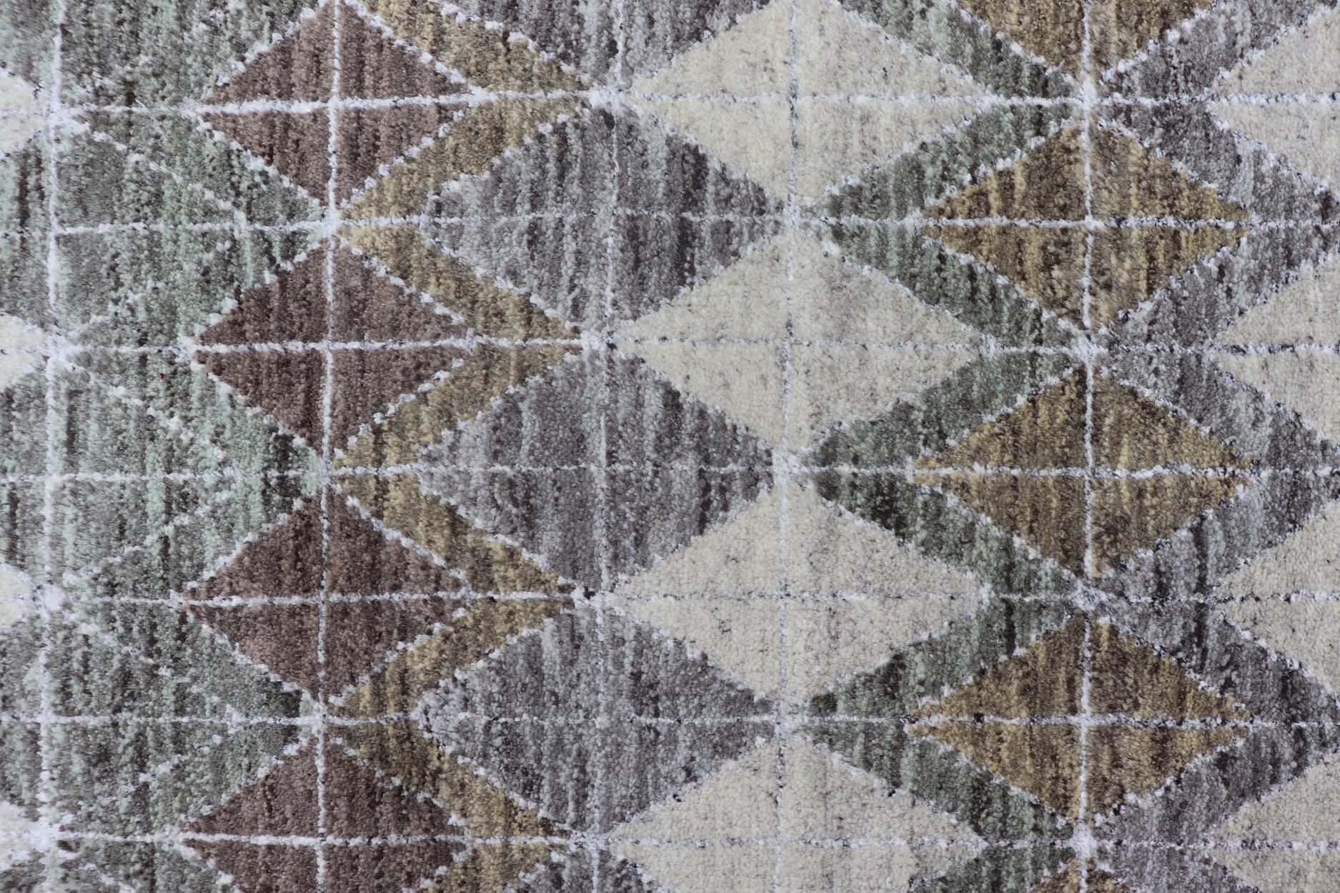 Hand-Knotted Modern Scandinavian Piled Rug with Diamond Pattern in Green and Brown 4'2 x 5'2 For Sale