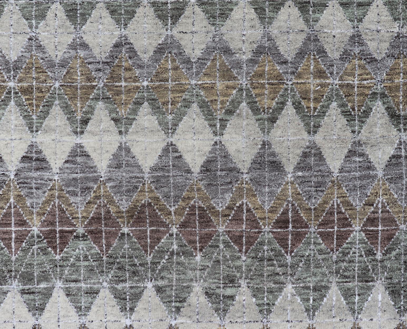 Contemporary Modern Scandinavian Piled Rug with Diamond Pattern in Green and Brown 4'2 x 5'2 For Sale