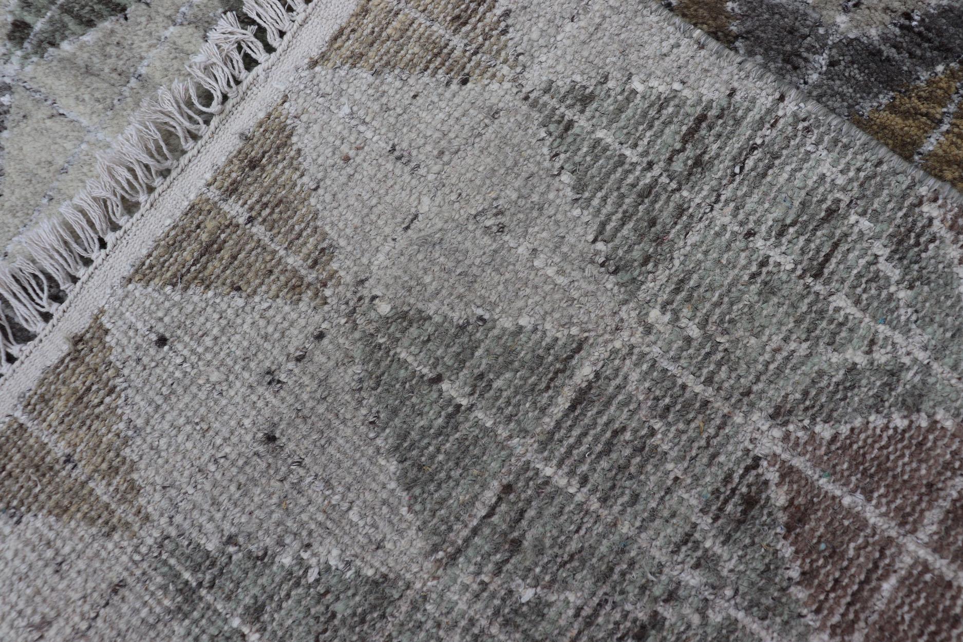 Modern Scandinavian Piled Rug with Diamond Pattern in Green and Brown 4'2 x 5'2 For Sale 1