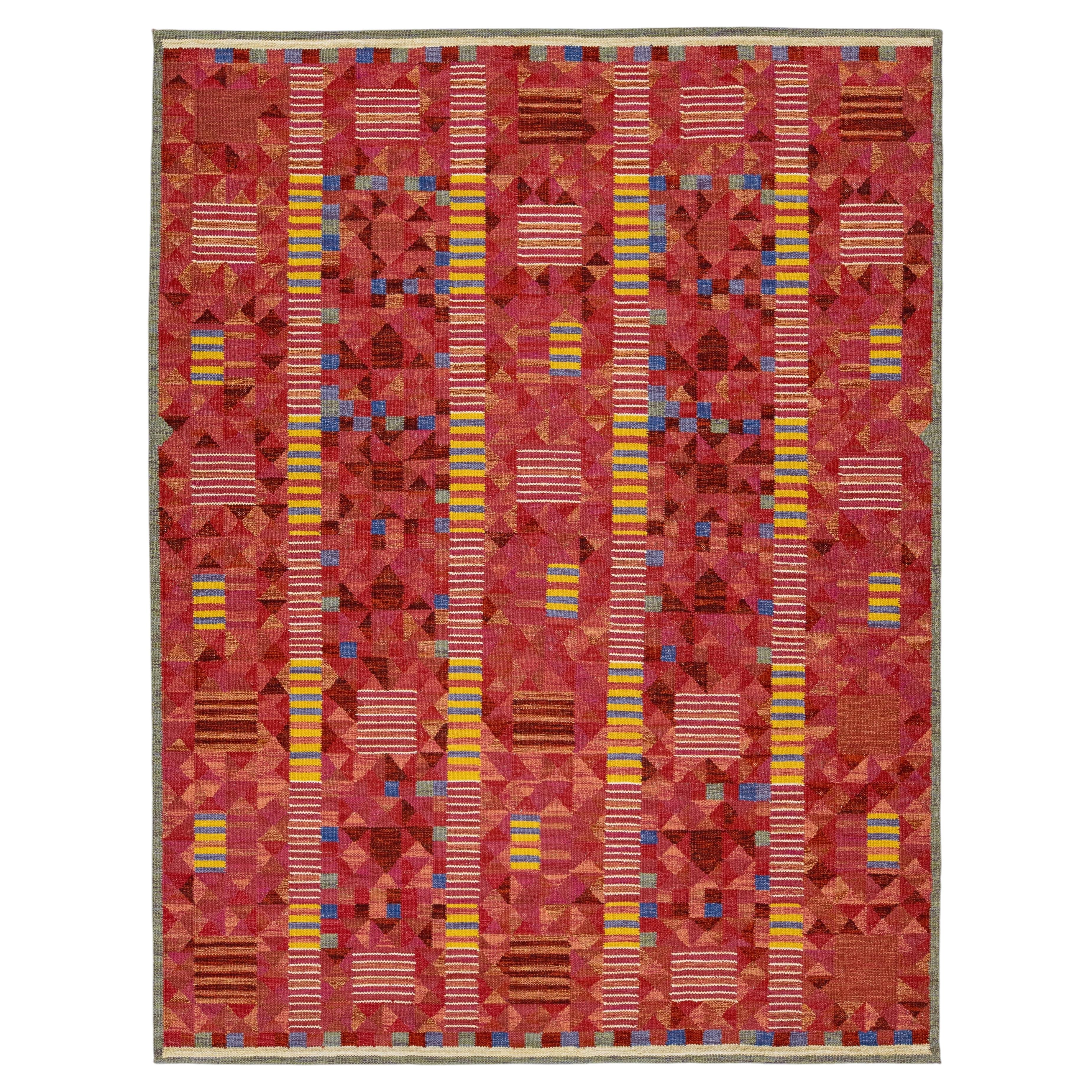 Modern Scandinavian Red Kilim - Handgefertigtes geometrisches Flachgewebe Wolle 9x12