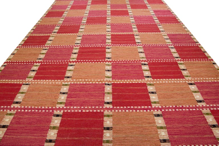 Modern Scandinavian Red and Orange Handmade Geometric Wool Rug For Sale