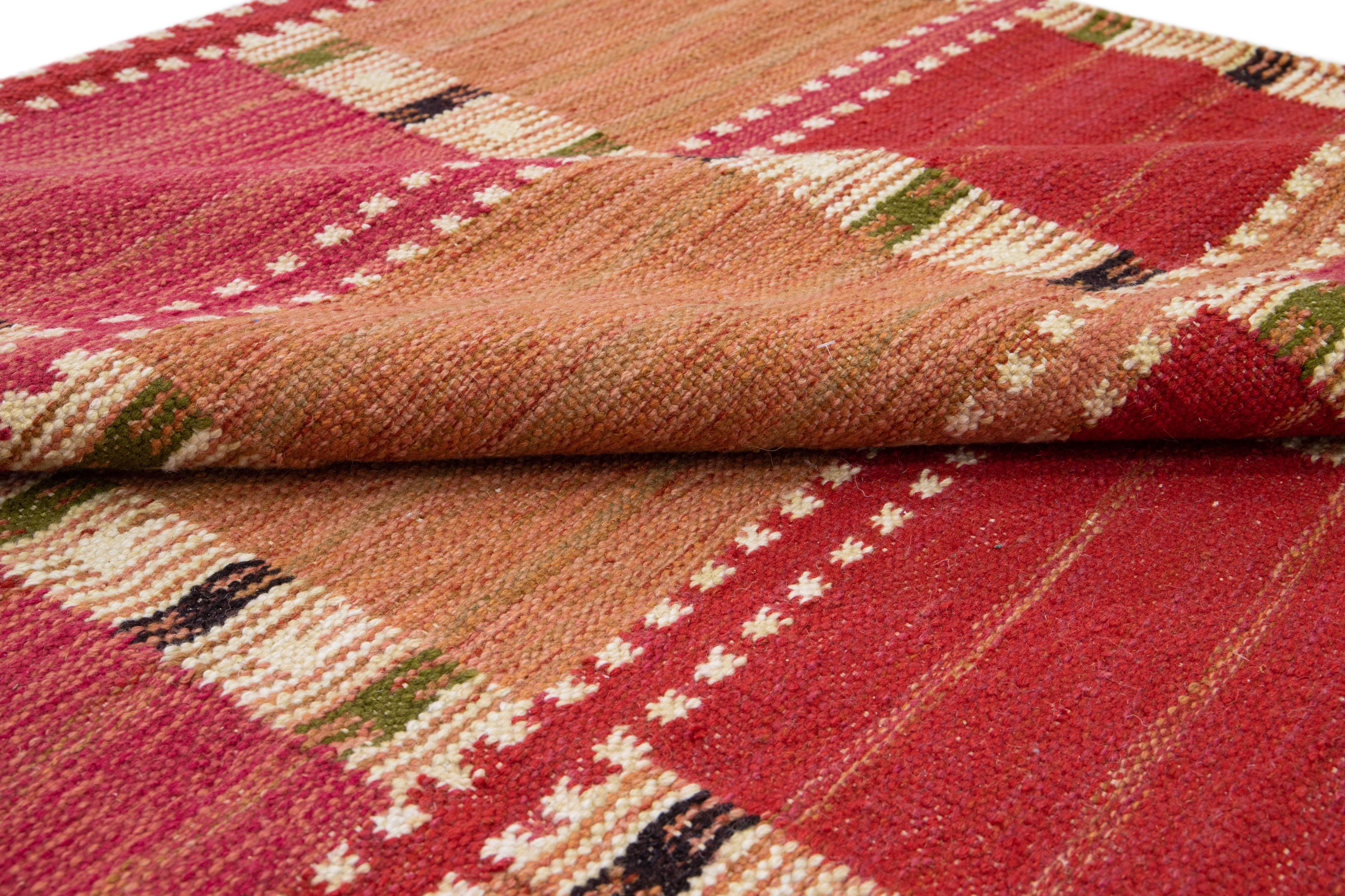 Contemporary Modern Scandinavian Red & Orange Handmade Geometric Wool Rug For Sale