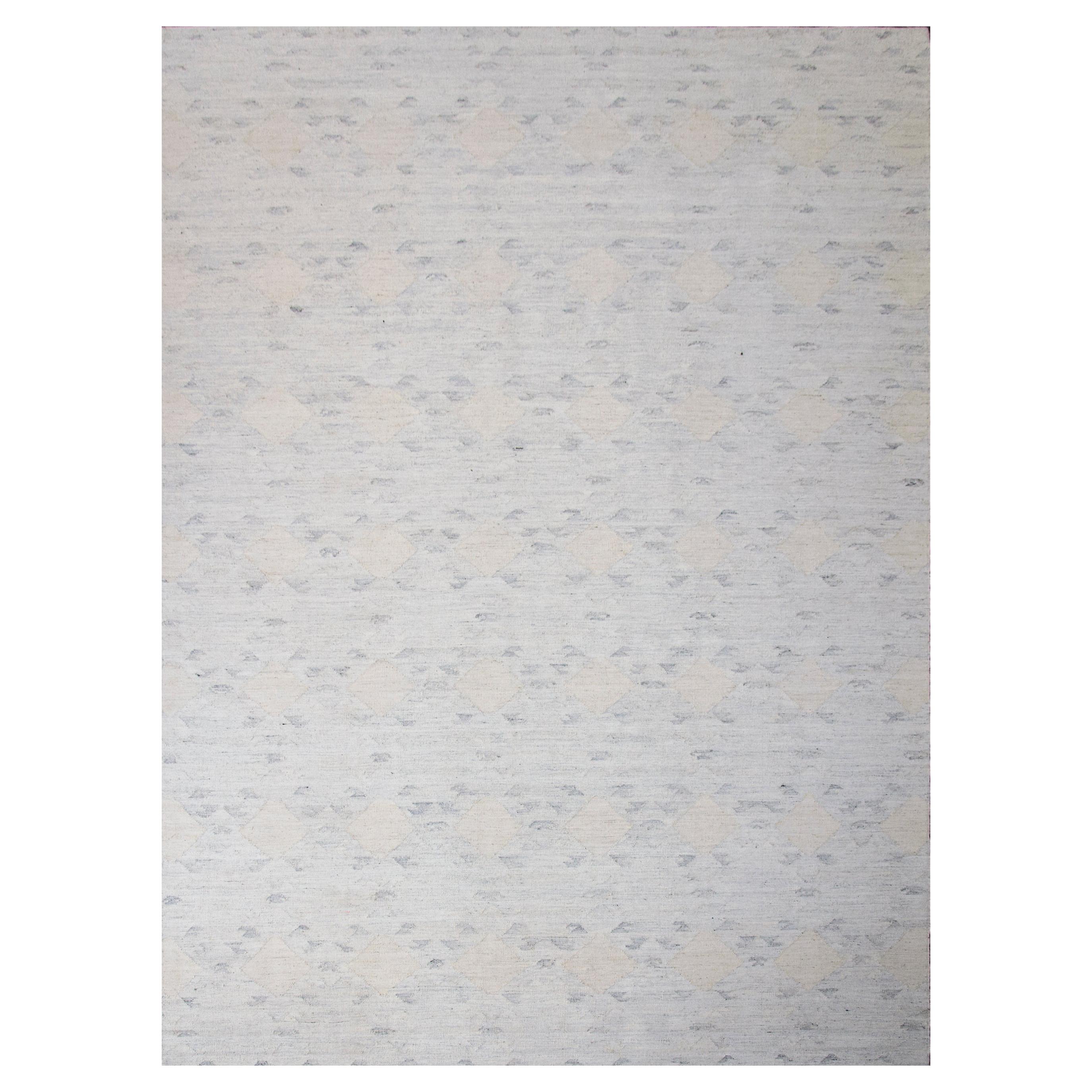 Modern Scandinavian Rug with Blue Field and ‘Arrow Tail’ Patterns in Gray