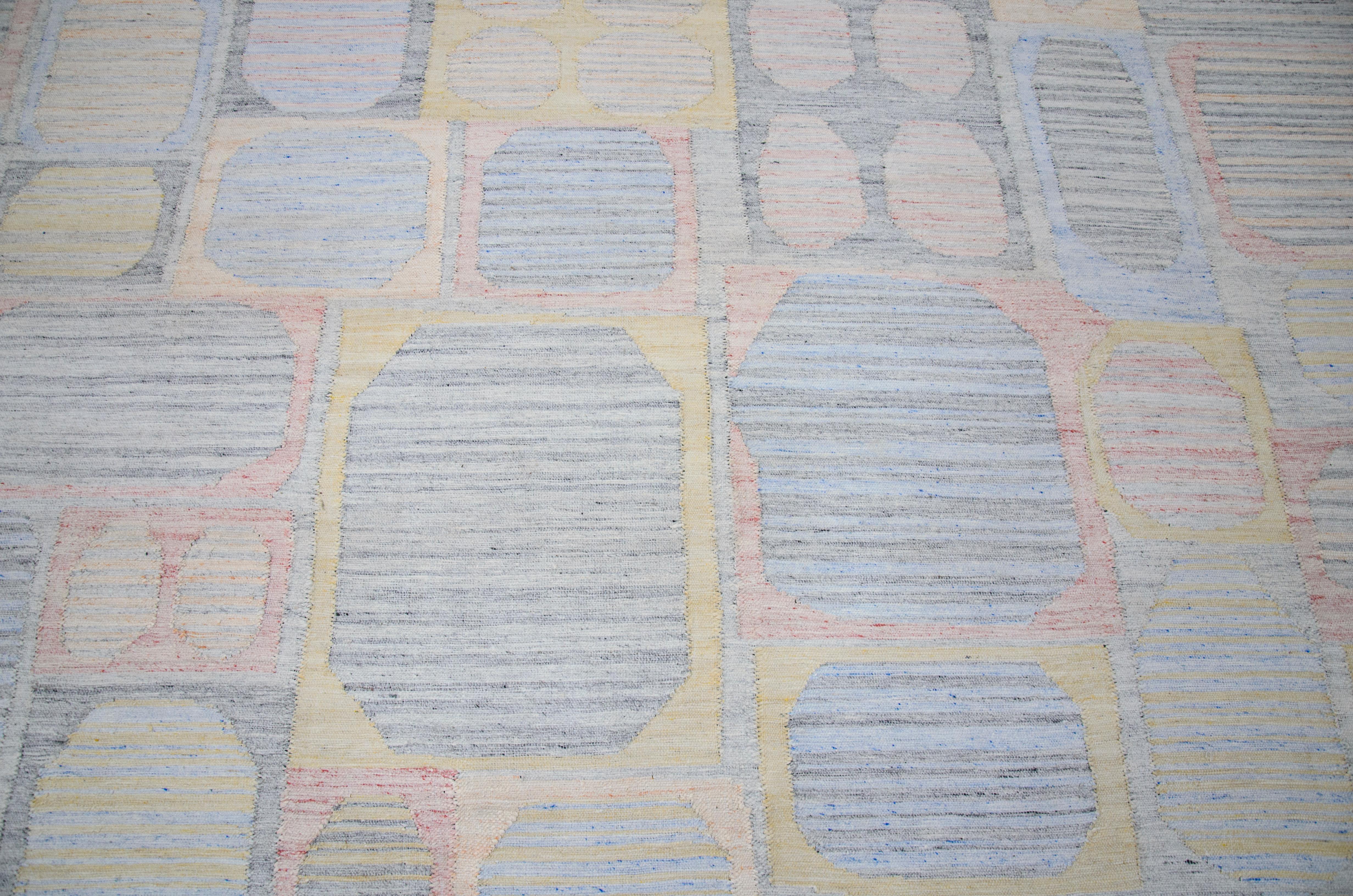 Scandinavian Modern Modern Scandinavian Rug with Colorful Geometric Details on Gray Striped Field For Sale