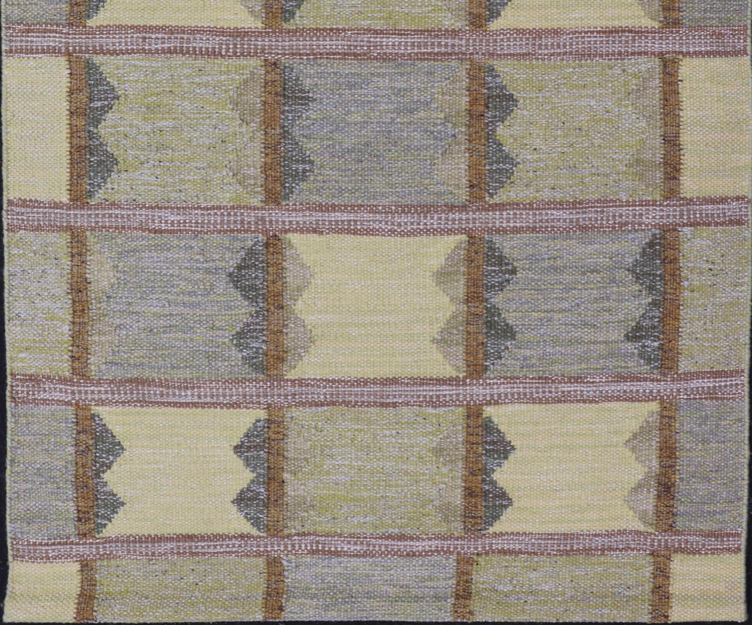 Moderner skandinavischer Teppich mit geometrischen Mustern in weichem Gelb 3'10 x 6'6 (Skandinavische Moderne) im Angebot