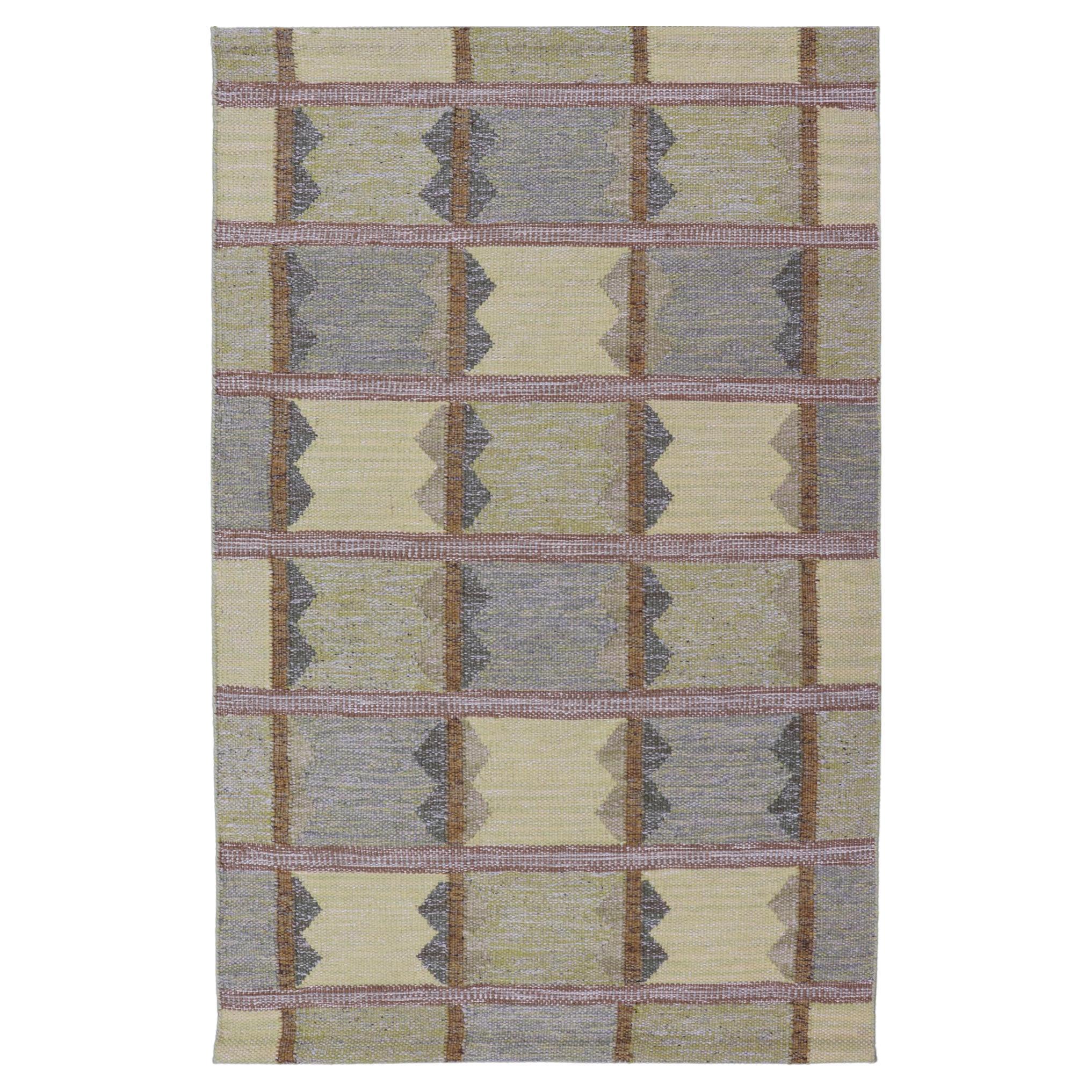 Moderner skandinavischer Teppich mit geometrischen Mustern in weichem Gelb 3'10 x 6'6 im Angebot