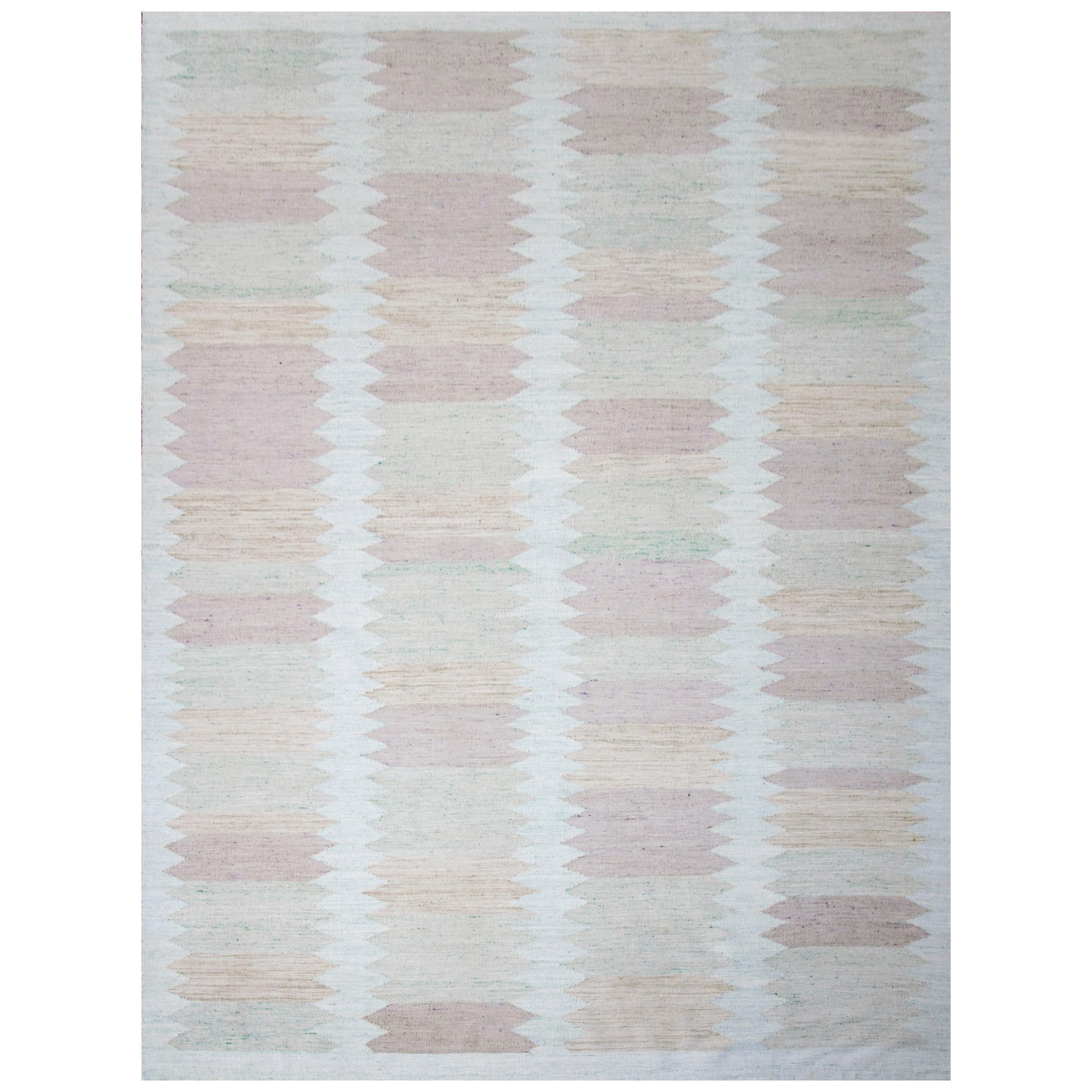 Modern Scandinavian Rug with ‘Picket Fence’ Patterns in Green, Purple and Brown For Sale