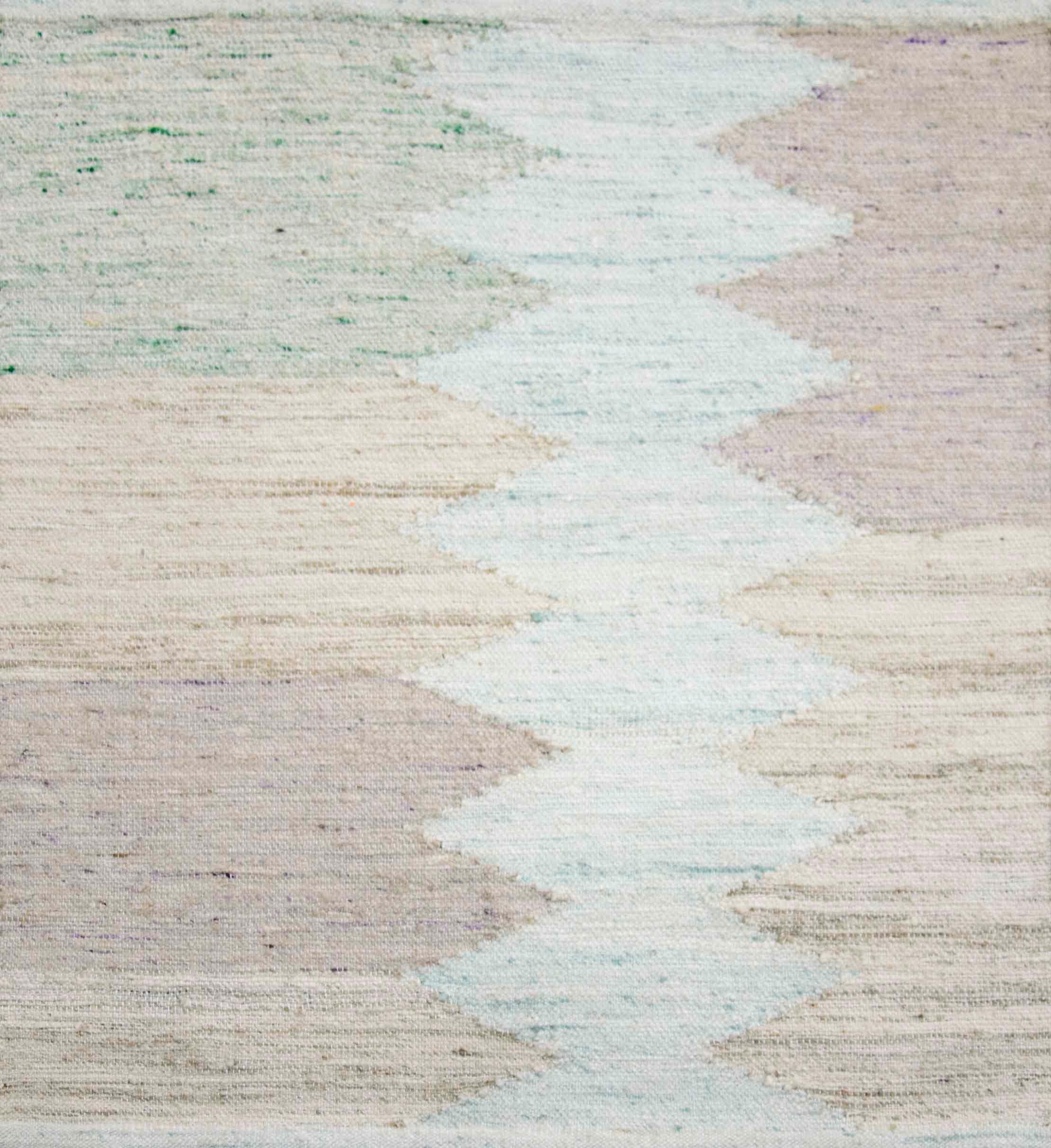 Modern area rug handwoven in Scandinavian design using fine wool and organic dyes. It features an exquisite ivory field with ‘picket fence’ patterns in green, purple and brown. This piece will surely look fabulous in modern and contemporary
