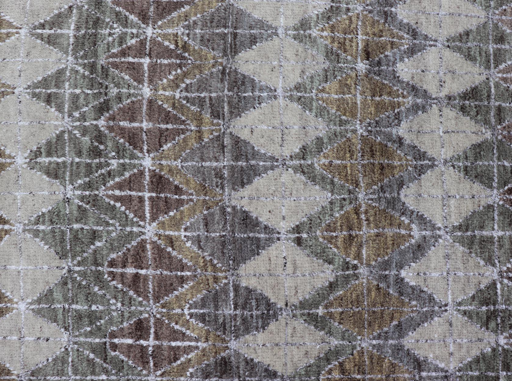 Annodato a mano Tappeto moderno scandinavo con motivi a diamante ripetuti 10 x 12 in vendita