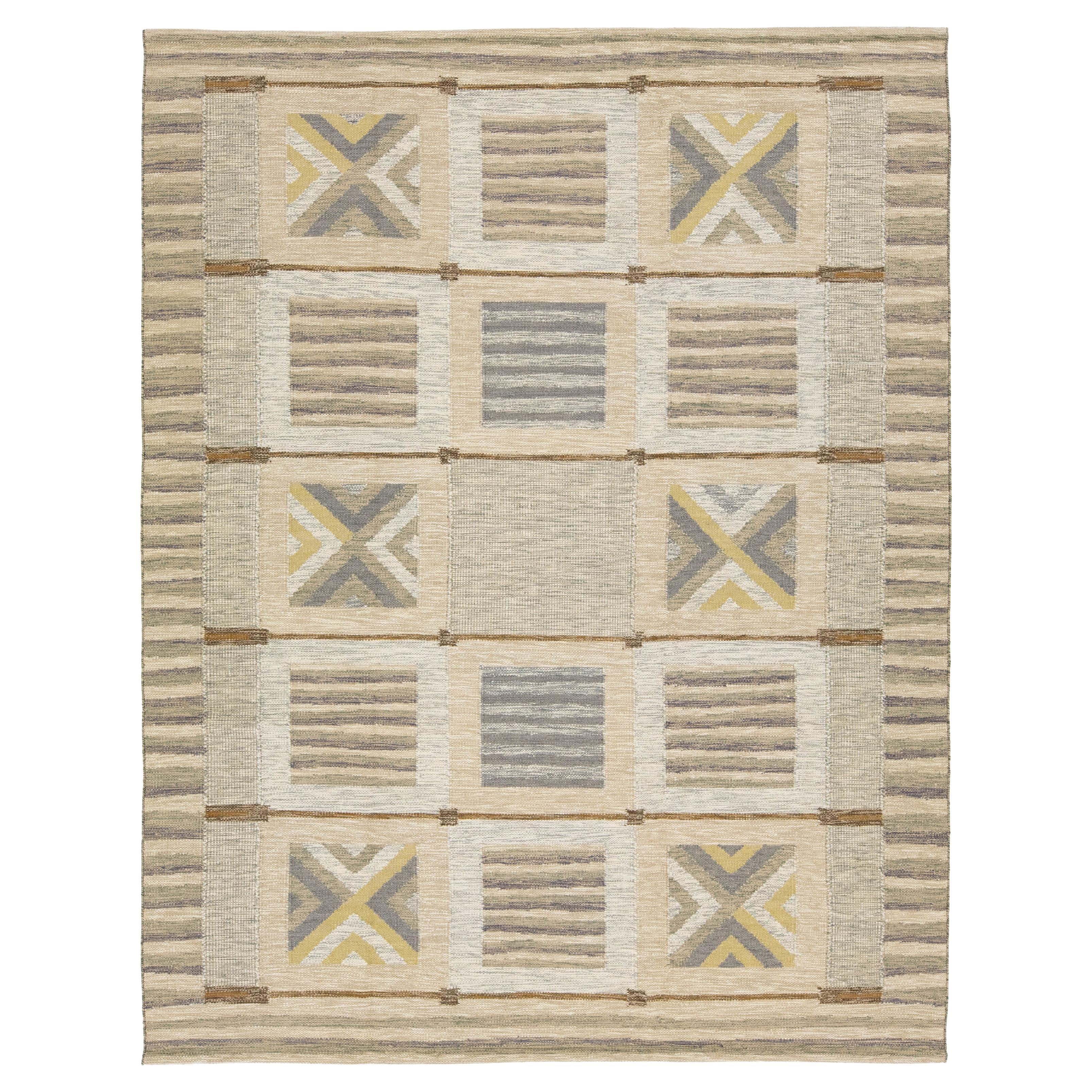 Modern Scandinavian Style Flachgewebter Wollteppich  In Beige mit geometrischem Muster