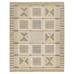Modern Scandinavian Style Flat-Weave Wool Rug  In Beige With Geometric Pattern