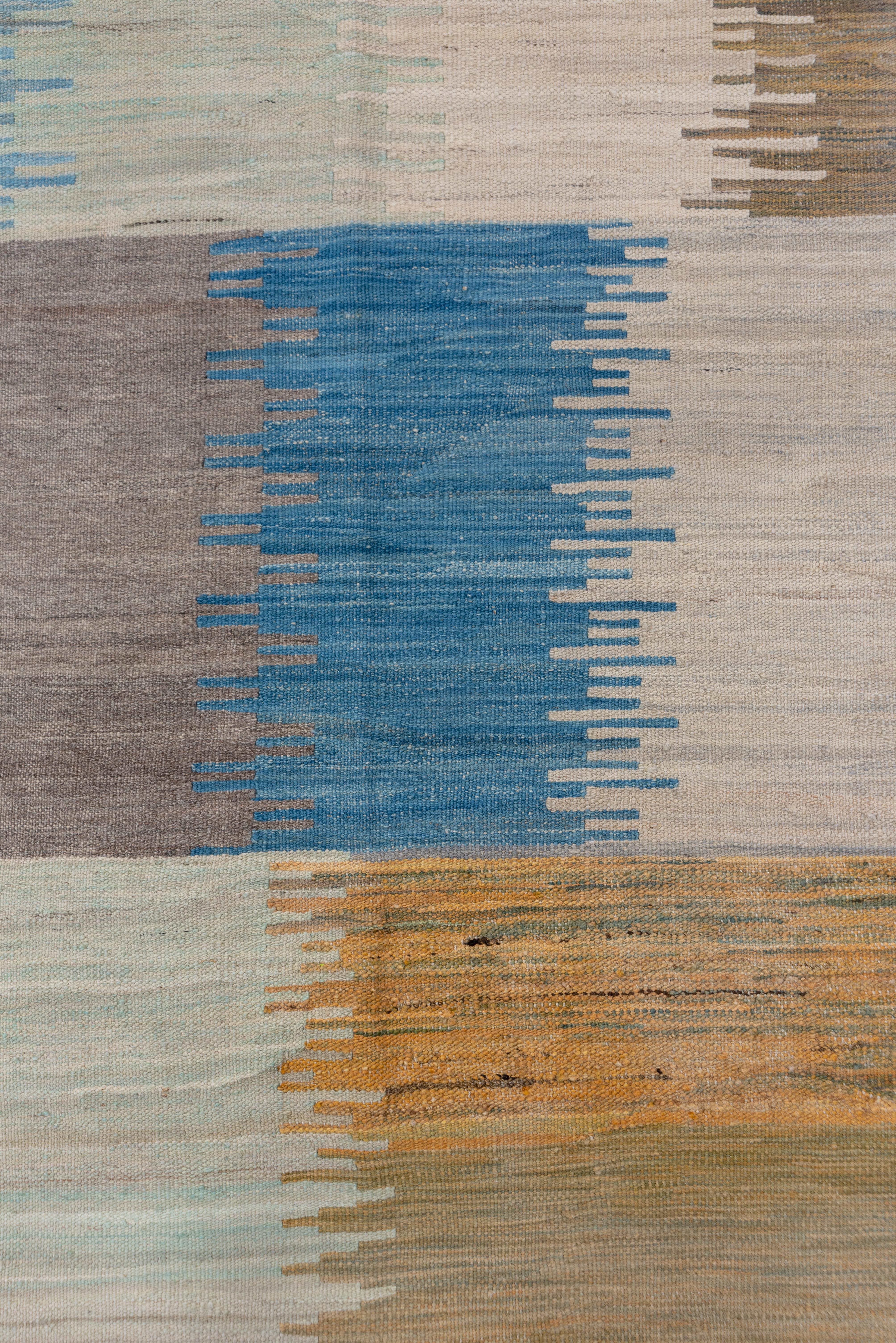 Hand-Woven Modern Scandinavian Style Flatweave Rug, Blue Ivory & Citron Tones