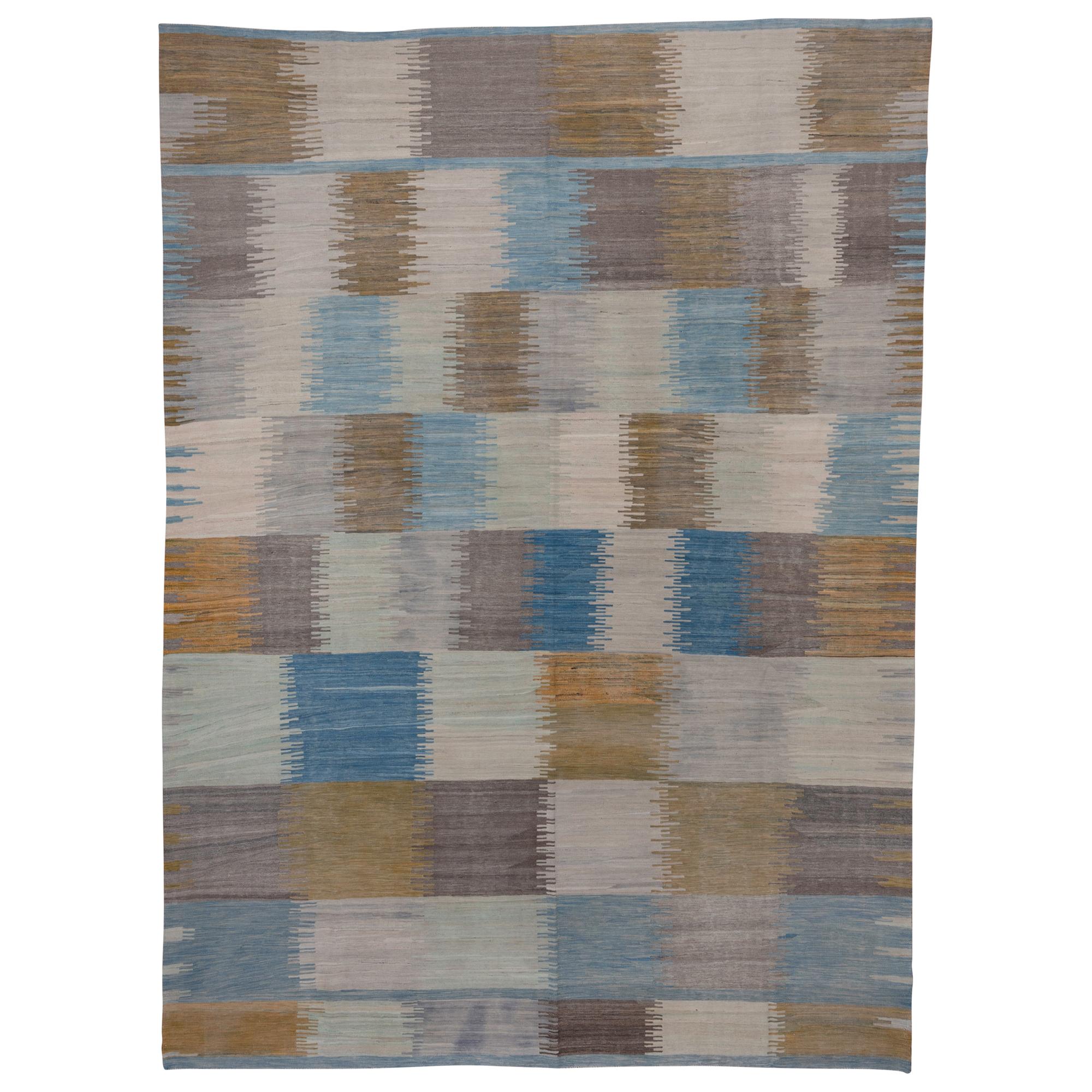 Modern Scandinavian Style Flatweave Rug, Blue Ivory & Citron Tones